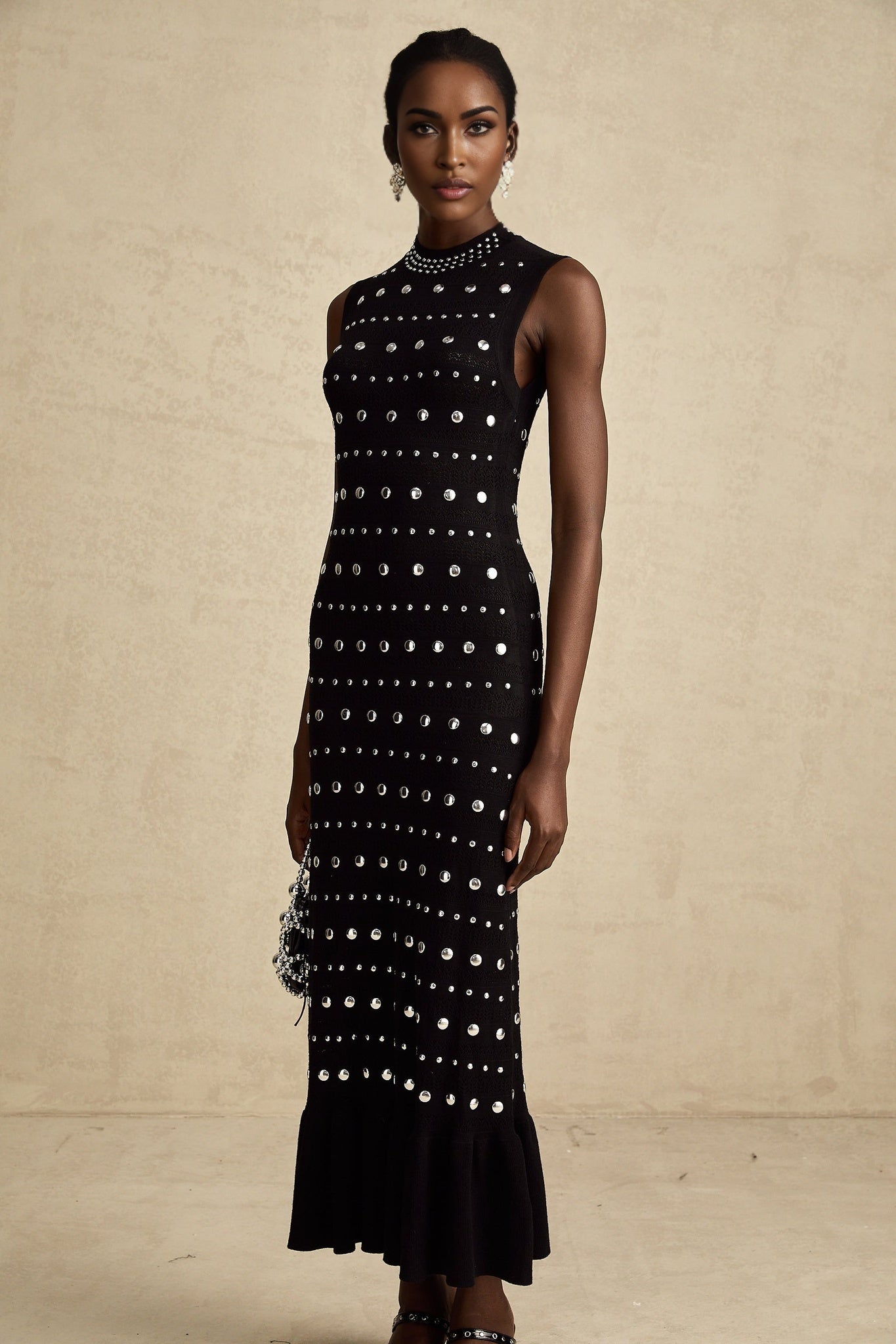 Cinzietta Maxi Dress - Crochet Knit - Crew Neck Style - Stud Embellishments - Ruffled Hem
