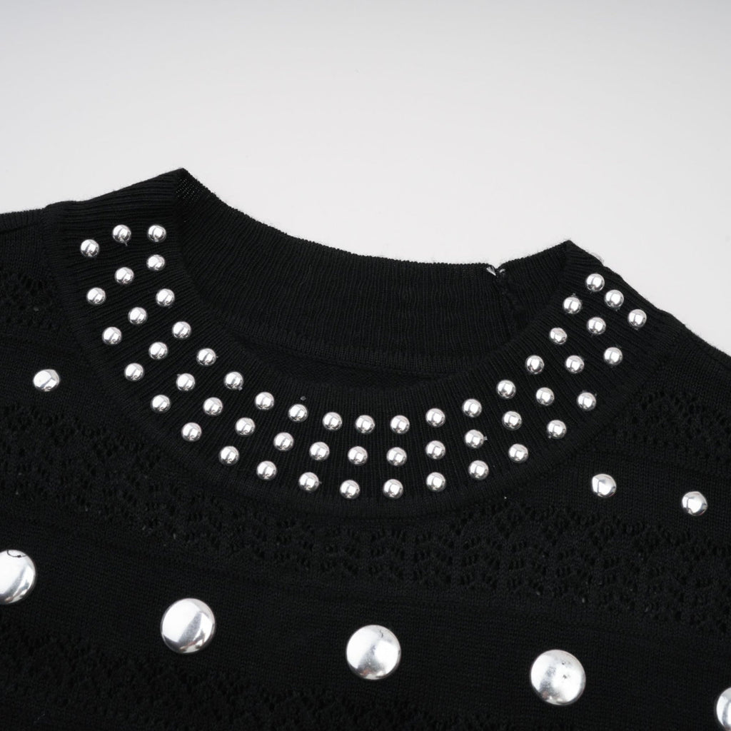 Cinzietta Maxi Dress - Crochet Knit - Crew Neck Style - Stud Embellishments - Ruffled Hem