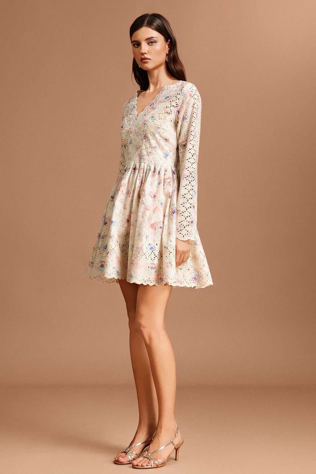 Claire Beige Floral Lace Mini Dress