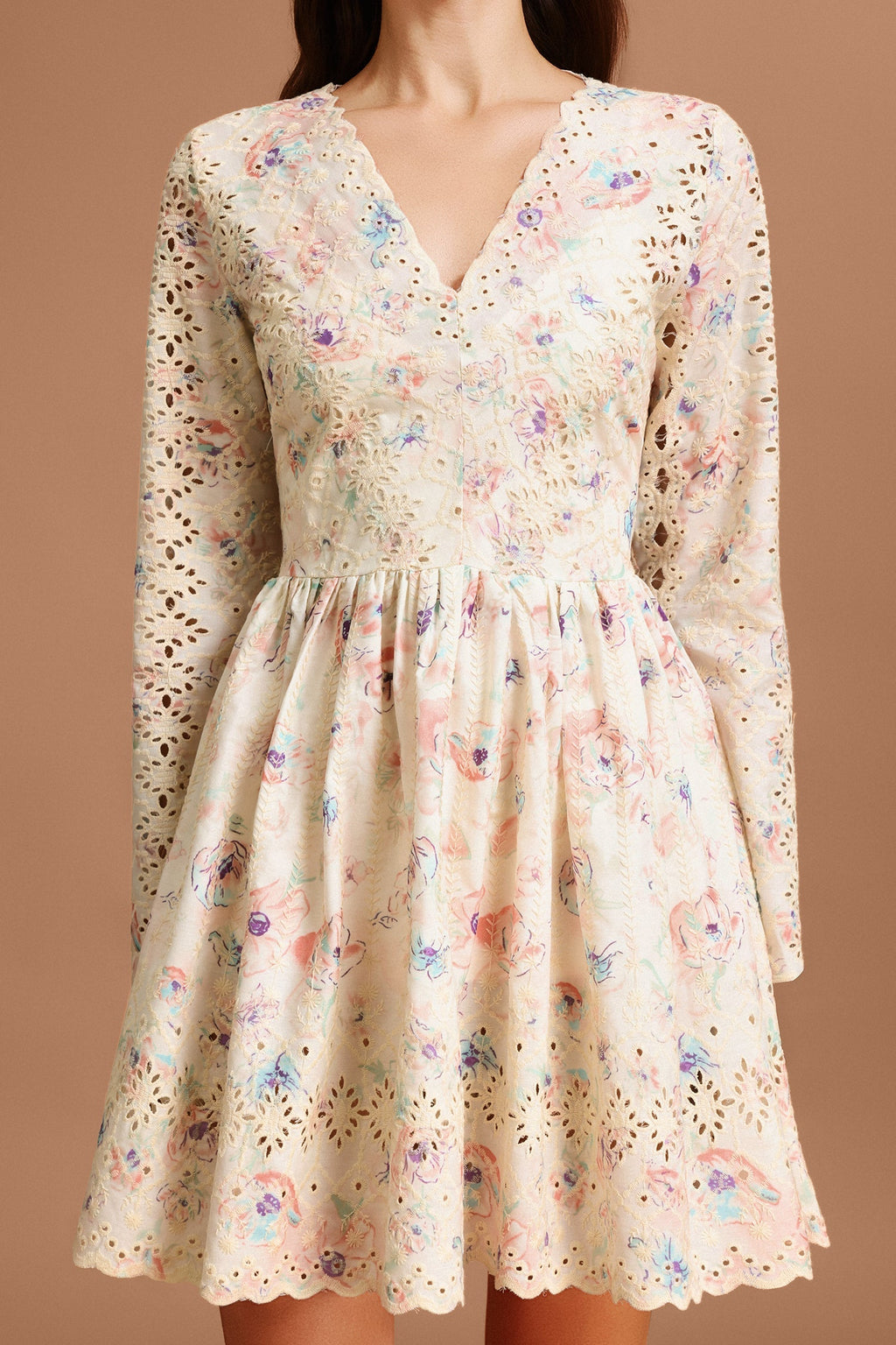 Claire Beige Floral Lace Mini Dress