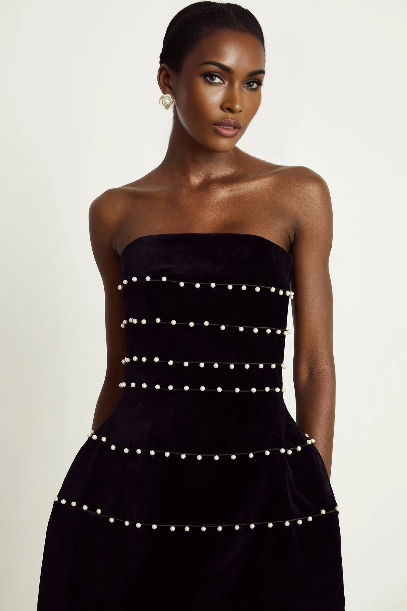 Claire Mini Dress - Strapless Design - Faux - Pearl Embellishment - Corset Style - Rear Zip Fastening - Thigh Length