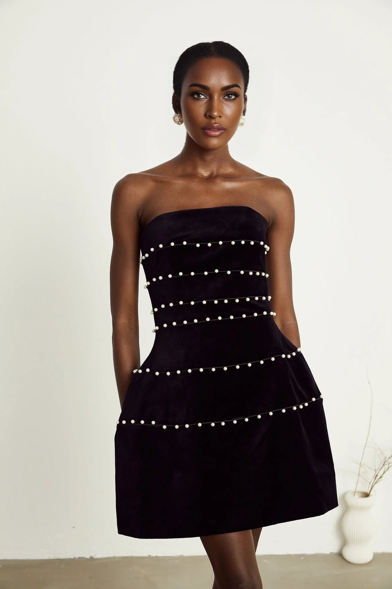 Claire Mini Dress - Strapless Design - Faux - Pearl Embellishment - Corset Style - Rear Zip Fastening - Thigh Length