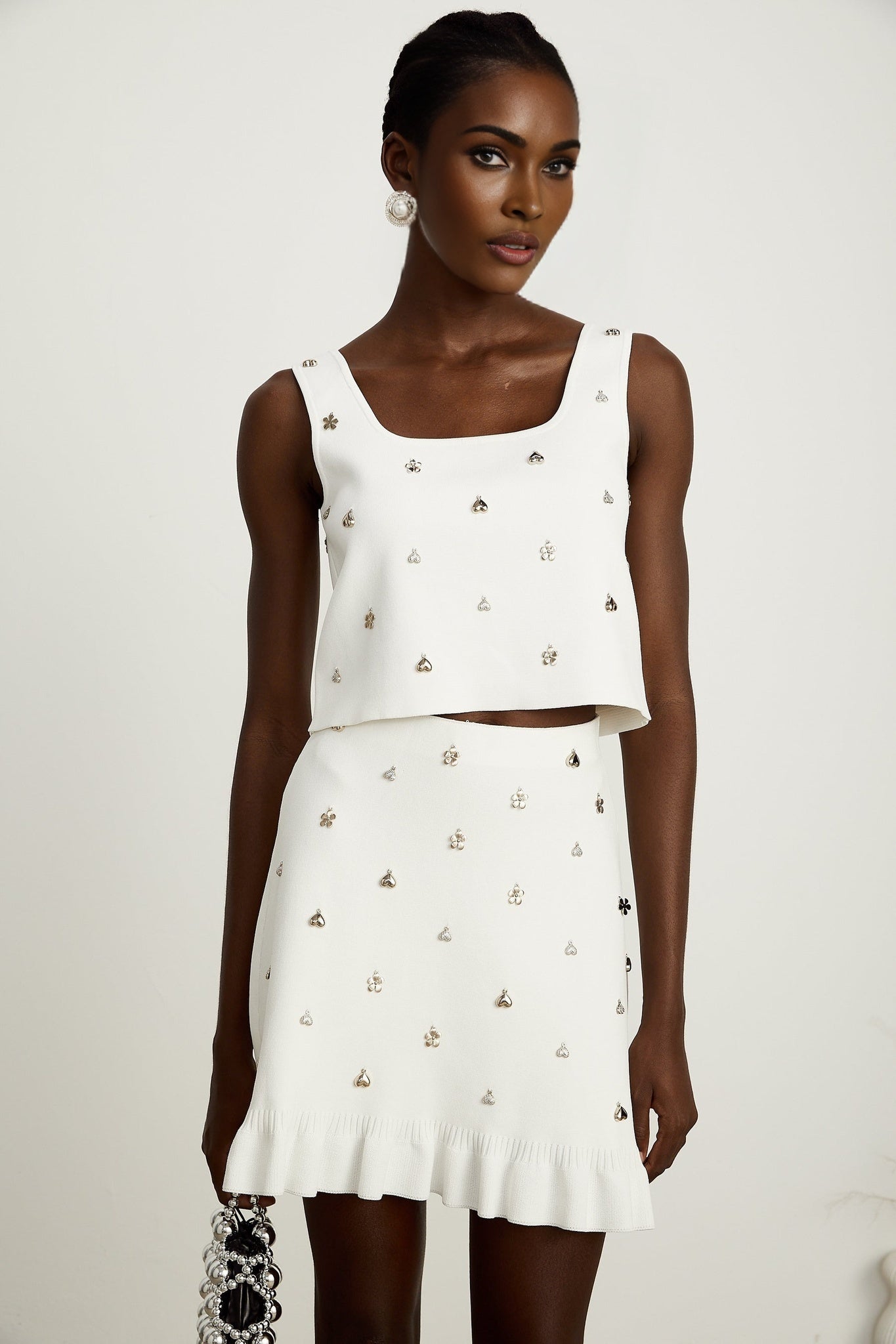 Claire Skirt & Top Set - Sleeveless Square Neck Top - Ruffled Hem Skirt - tone Hardware - Knitted Construction