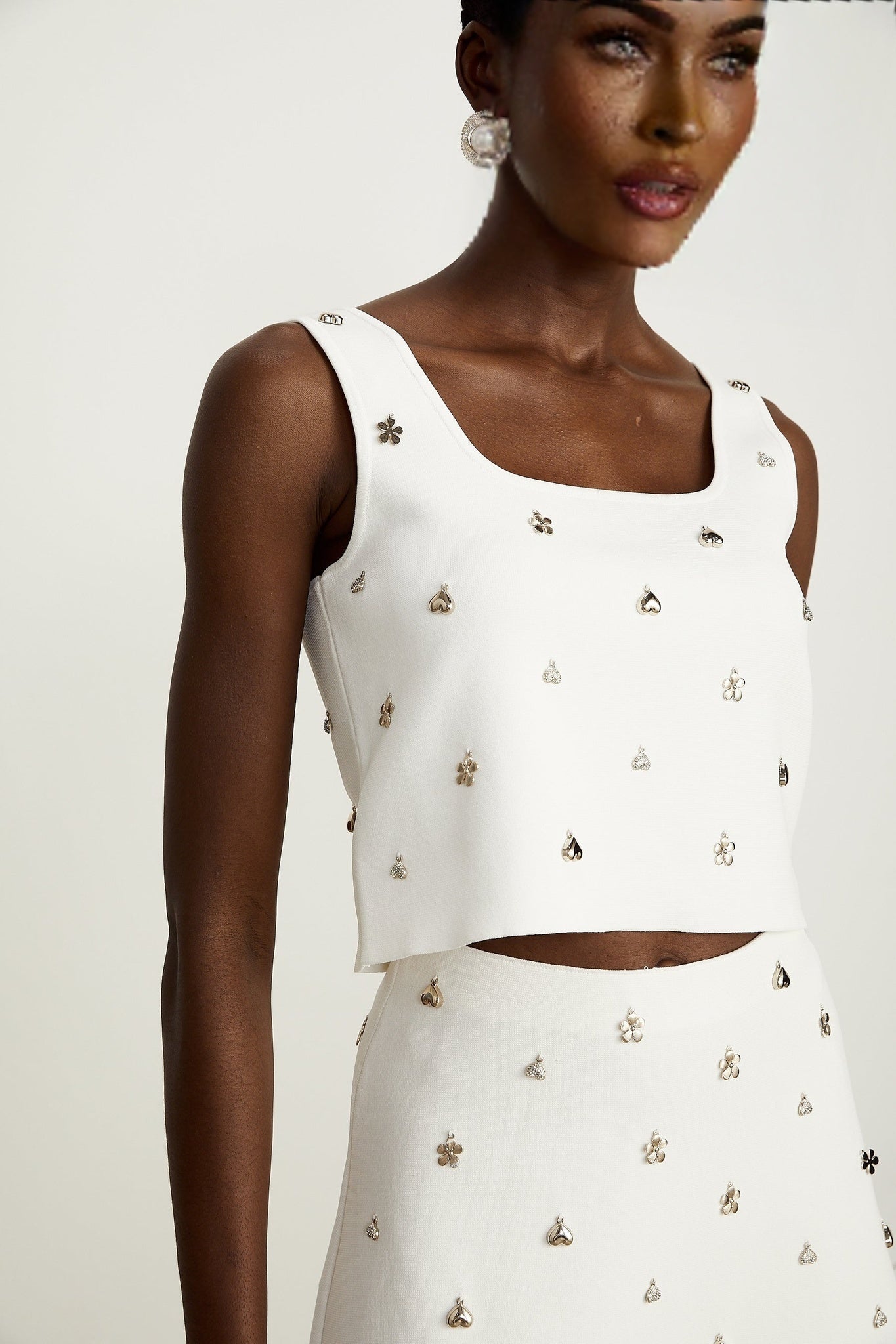 Claire Skirt & Top Set - Sleeveless Square Neck Top - Ruffled Hem Skirt - tone Hardware - Knitted Construction