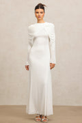 Claire White Elegant Fashion Dress Round Neckline Long Sleeves Asymmetric Folds Soft Flowing Fabric Flattering Silhouette