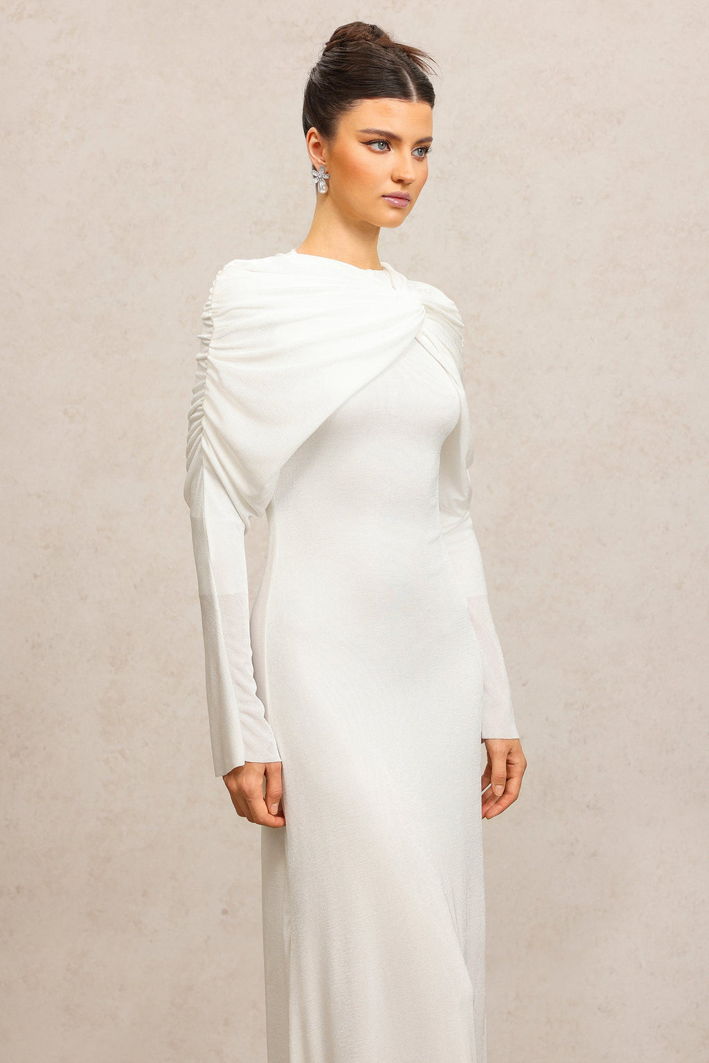 Claire White Elegant Fashion Dress Round Neckline Long Sleeves Asymmetric Folds Soft Flowing Fabric Flattering Silhouette