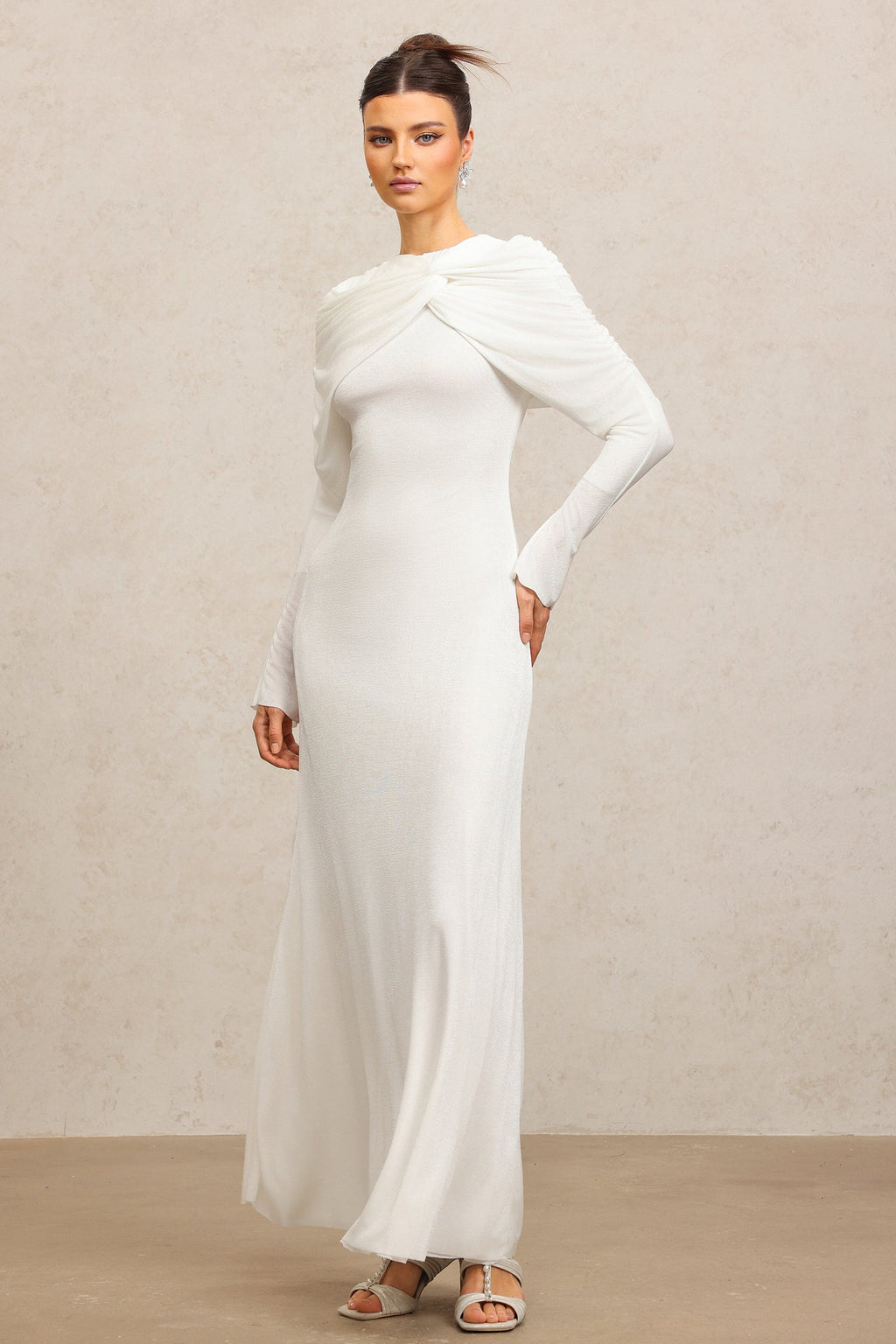 Claire White Elegant Fashion Dress with Round Neckline and Asymmetric Folds