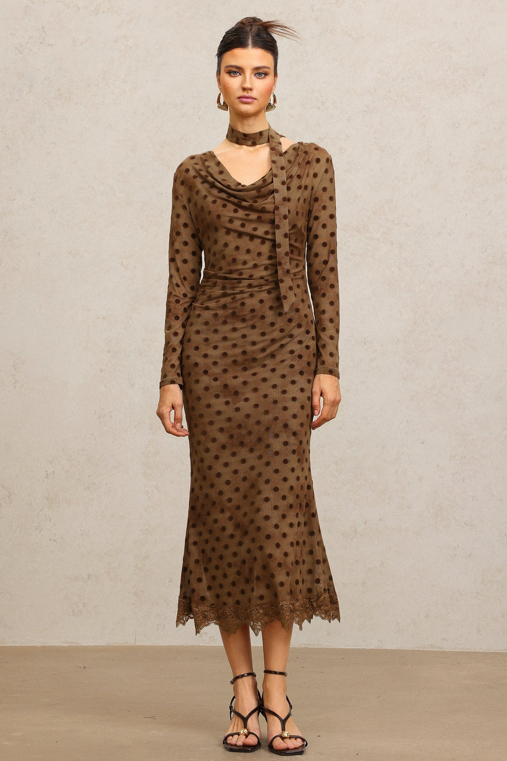 Clara Brown Polka Dot Cowl Neck Dress Long Sleeve