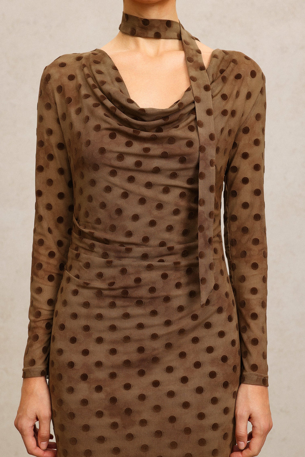Clara Brown Polka Dot Cowl Neck Dress with Streamer Detailing
