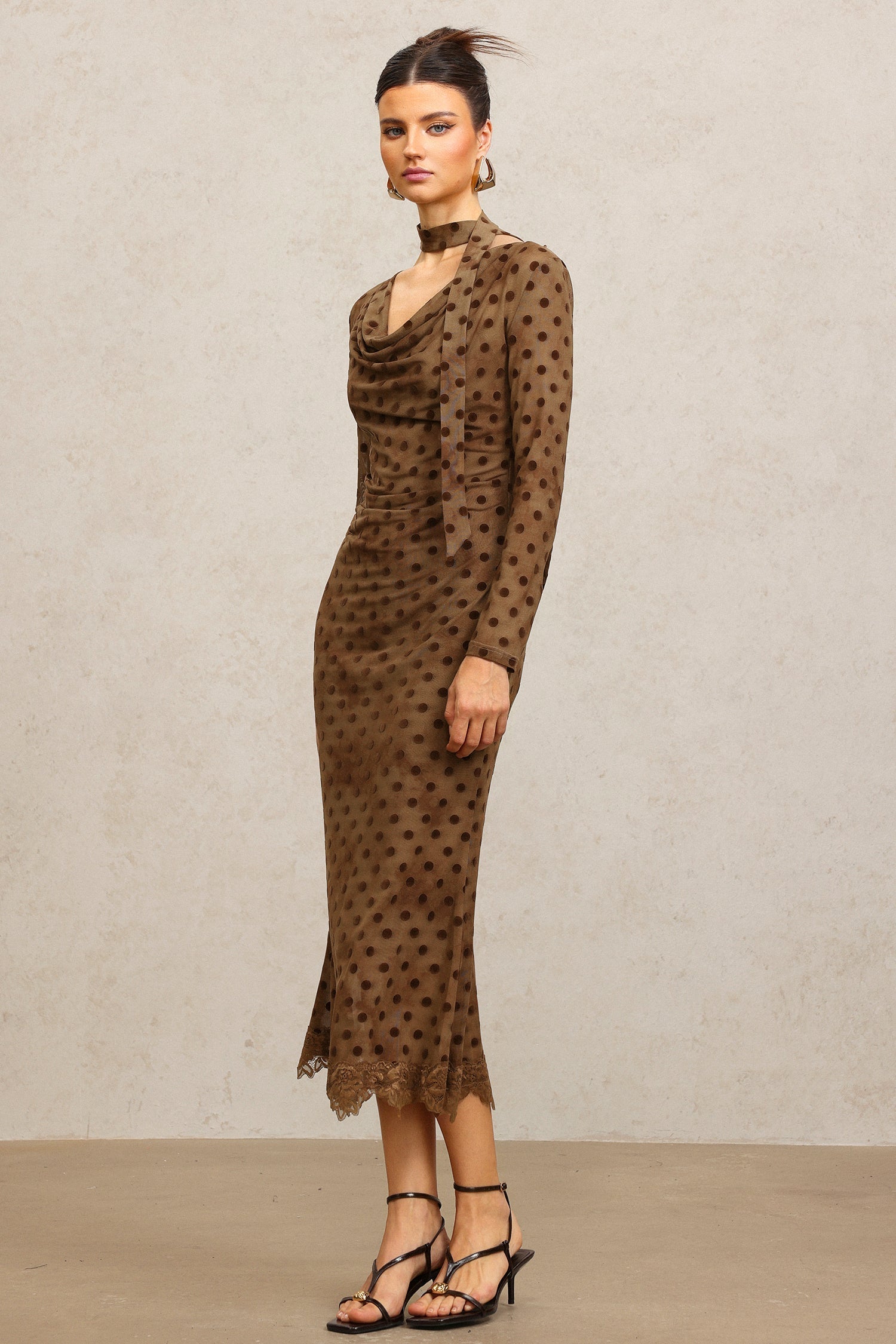 Clara Brown Polka Dot Cowl Neck Dress with Streamer Detailing and Long Sleeves