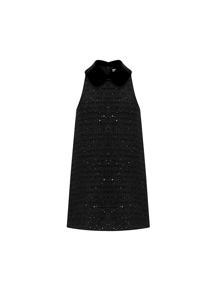 Clara Dress - Sleeveless A - Line Silhouette - Velvet Collar - Shimmering Details - Relaxed Fit