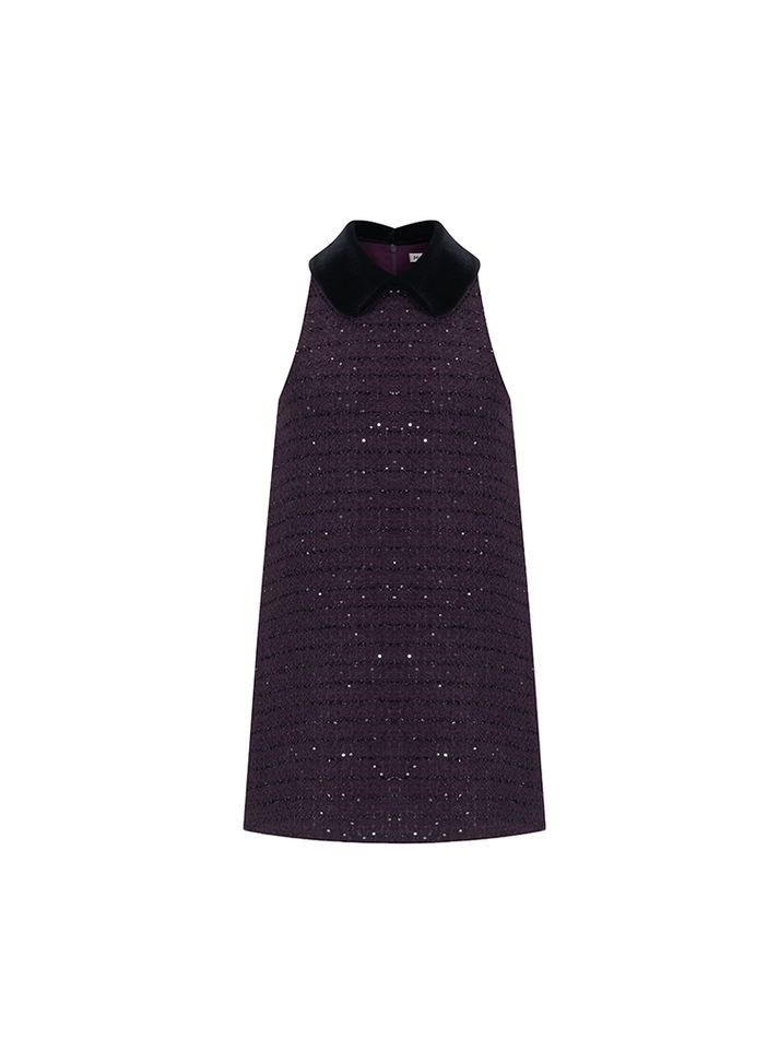 Clara Dress - Sleeveless A - Line Silhouette - Velvet Collar - Shimmering Details - Relaxed Fit