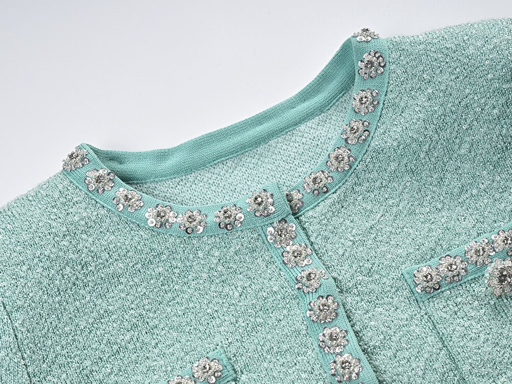Clara Jacket & Skirt Set - Sophisticated Tweed Texture - Floral Embellishments - Pearl Button Detailing - Tailored Fit