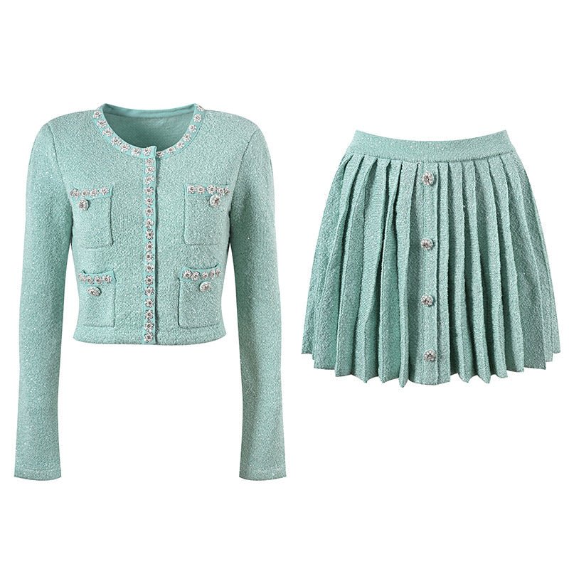 Clara Jacket & Skirt Set - Sophisticated Tweed Texture - Floral Embellishments - Pearl Button Detailing - Tailored Fit