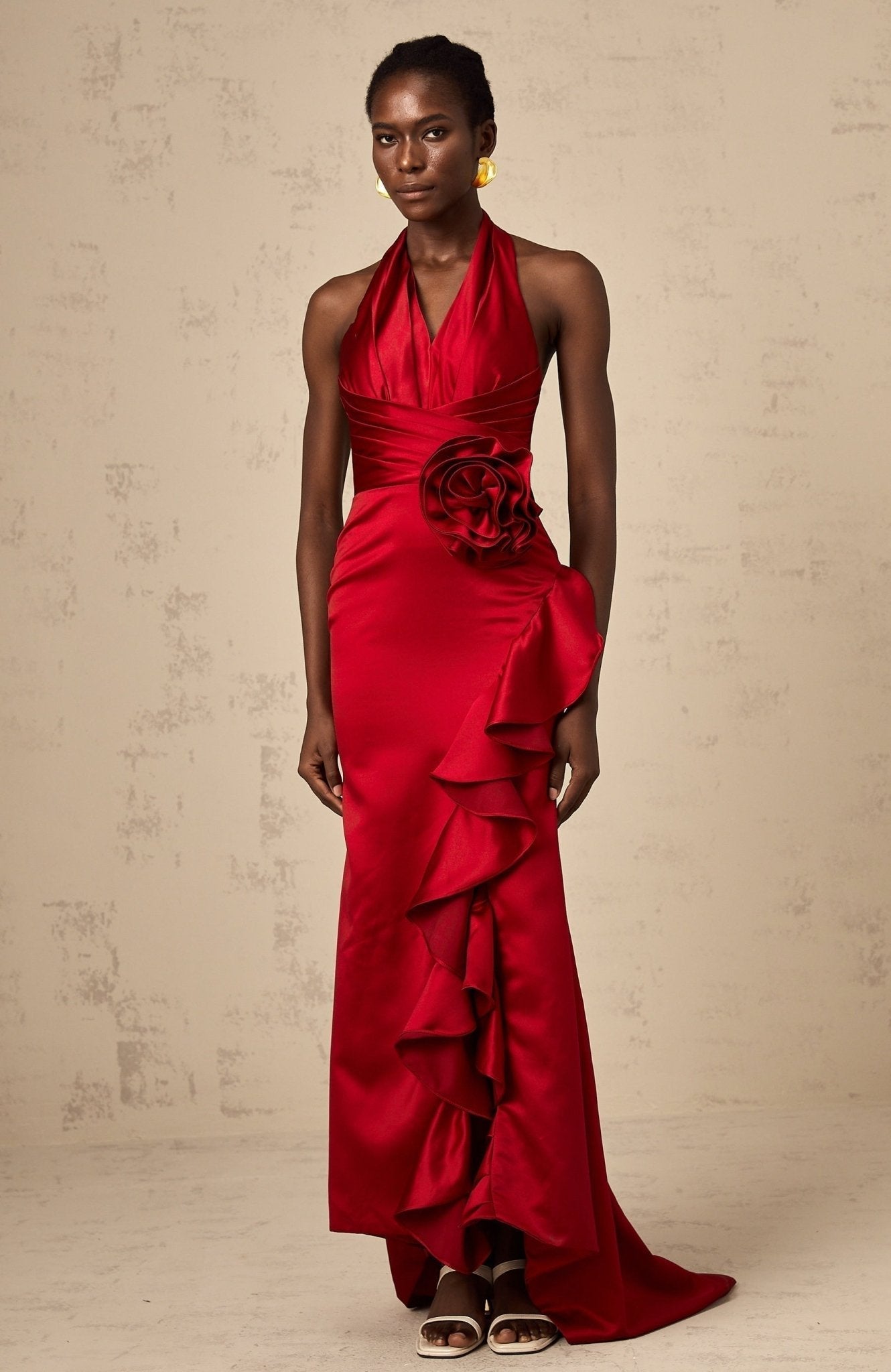 Clara Maxi Dress - Halterneck Design - Open Back - Satin Finish - 3D Petal Ruffle Detailing