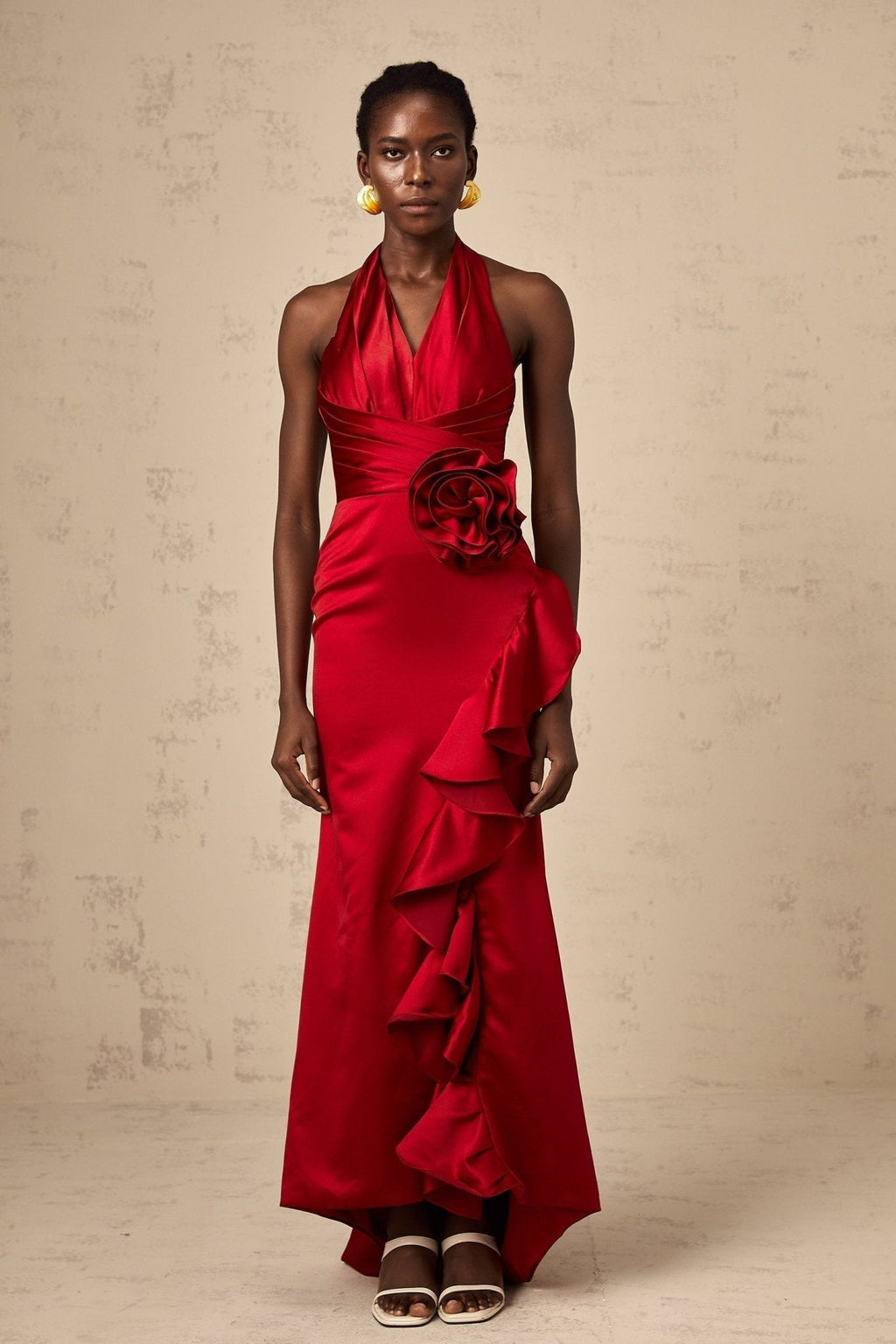Clara Maxi Dress - Halterneck Design - Open Back - Satin Finish - 3D Petal Ruffle Detailing