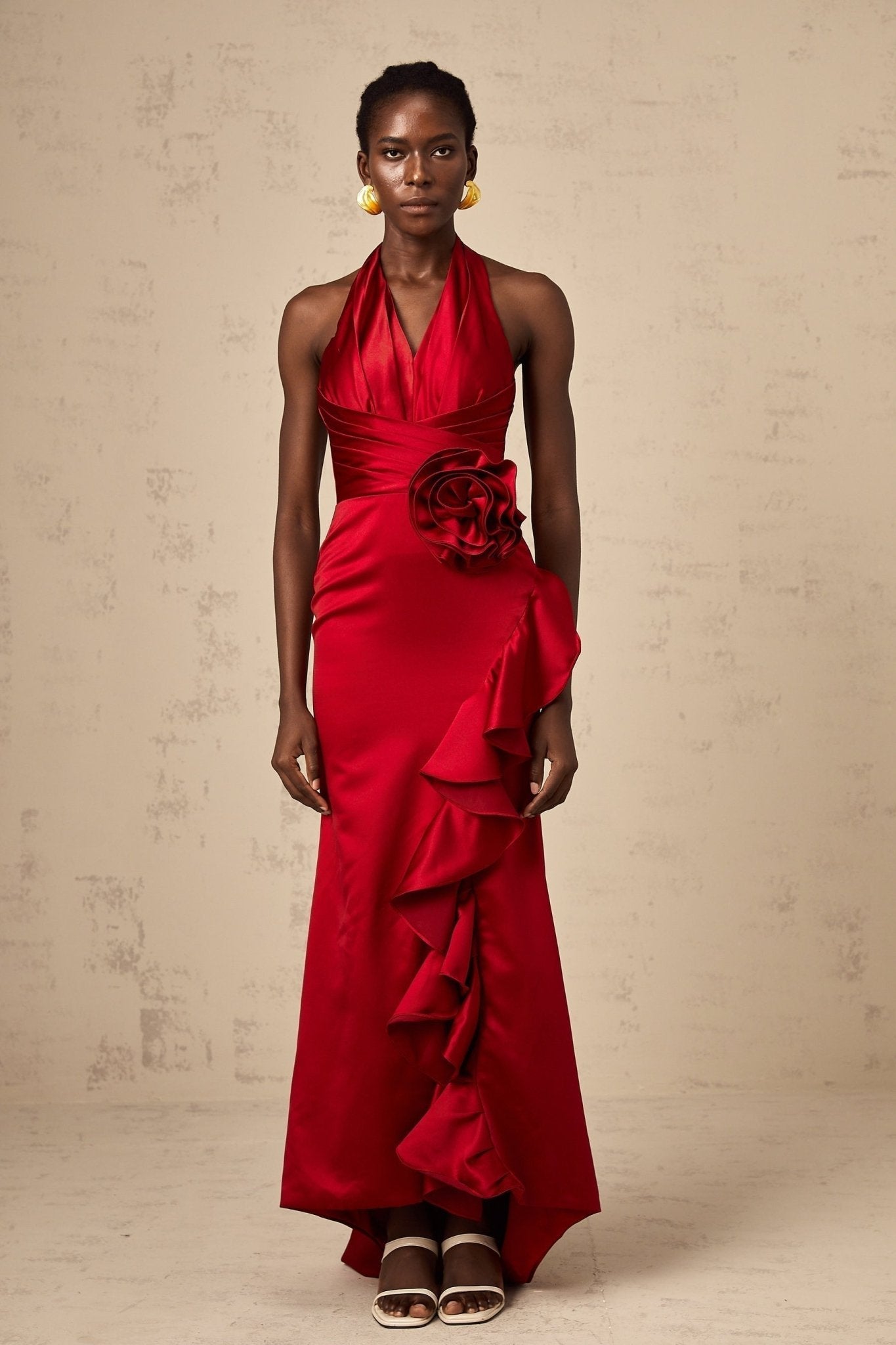 Clara Maxi Dress - Halterneck Design - Open Back - Satin Finish - 3D Petal Ruffle Detailing