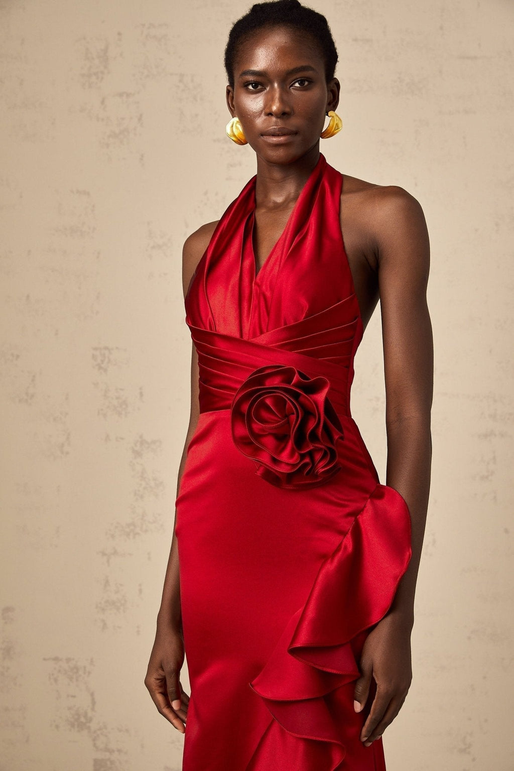 Clara Maxi Dress - Halterneck Design - Open Back - Satin Finish - 3D Petal Ruffle Detailing