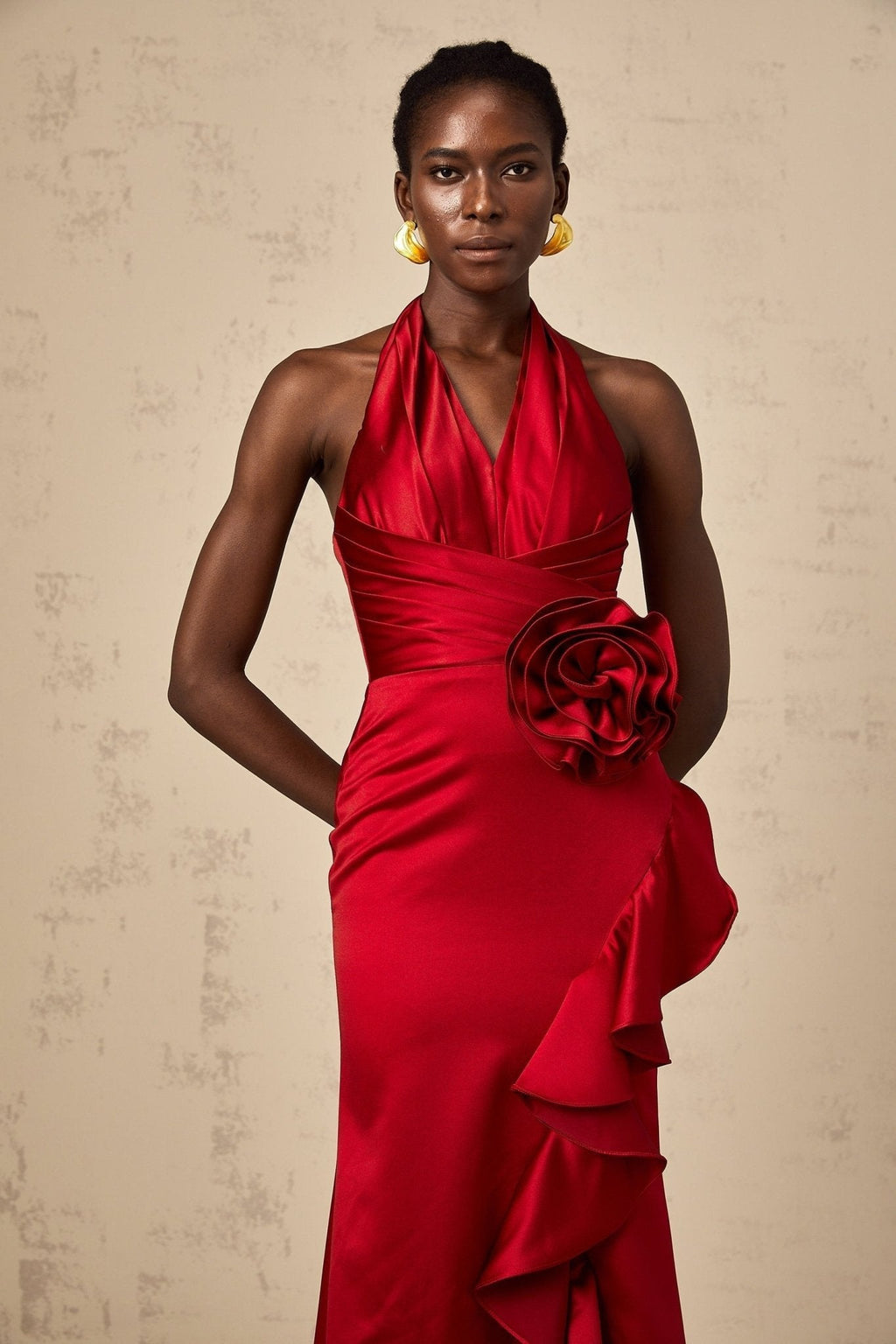 Clara Maxi Dress - Halterneck Design - Open Back - Satin Finish - 3D Petal Ruffle Detailing