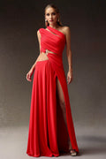 Clara Red Hollowed Out Detailing Asymmetrical Neckline Dress