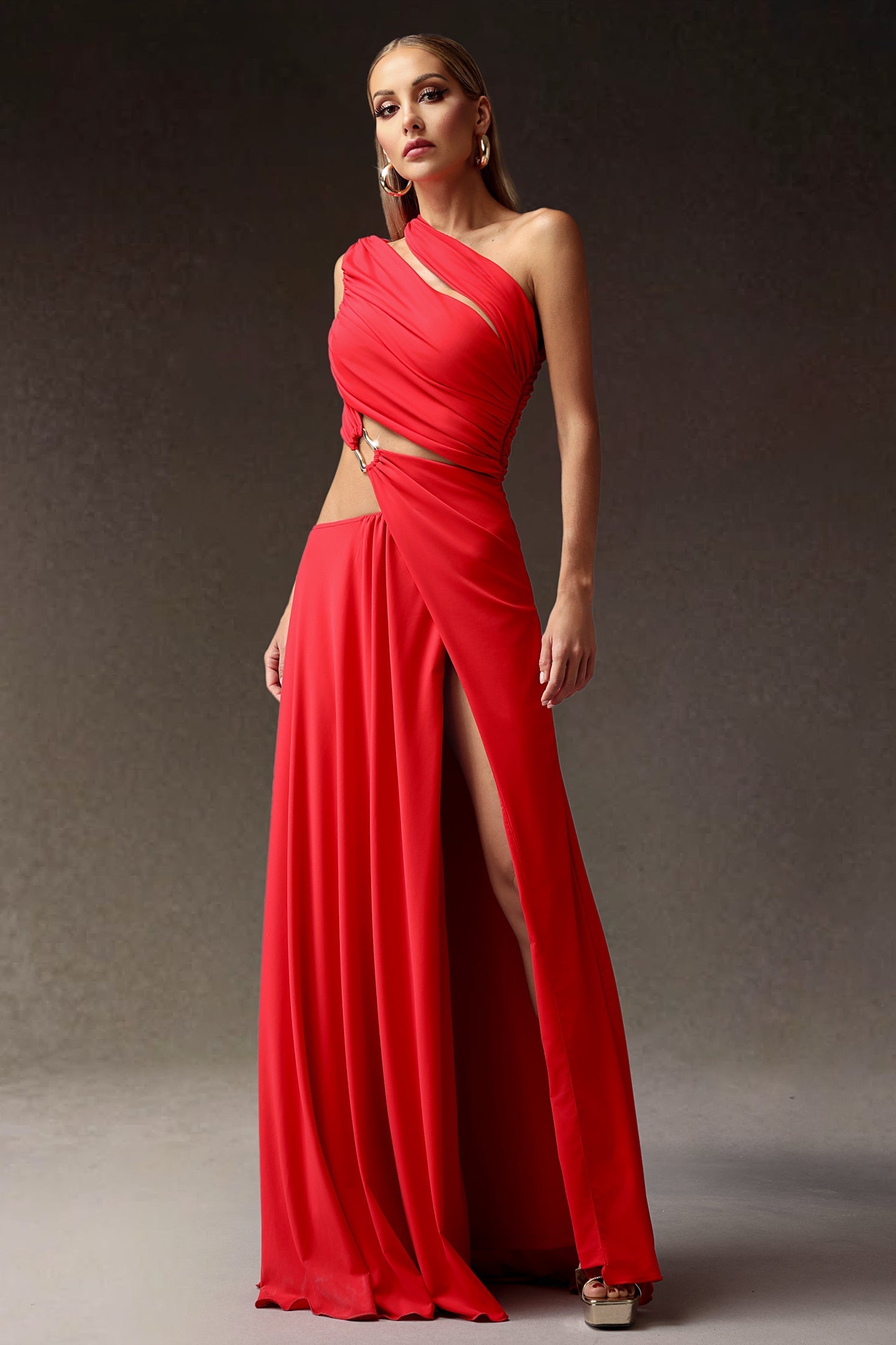 Clara Red High Slit Hollowed Out Detailing Asymmetrical Neckline Dress