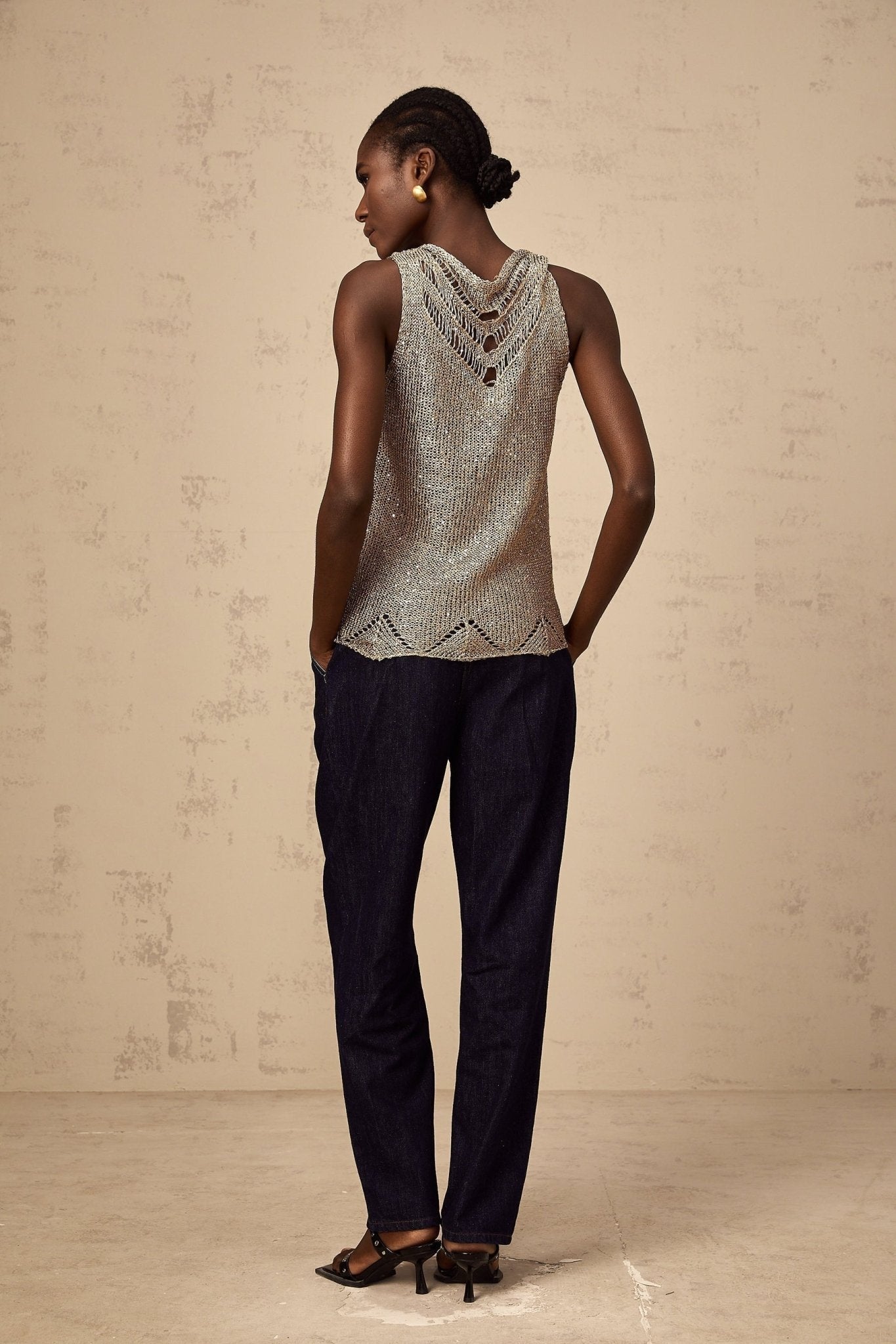 Clara Vest Top - Crochet Knit - V - Neck - Sequin Embellishment - Scallop Hem