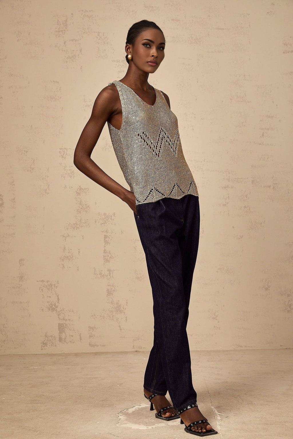 Clara Vest Top - Crochet Knit - V - Neck - Sequin Embellishment - Scallop Hem
