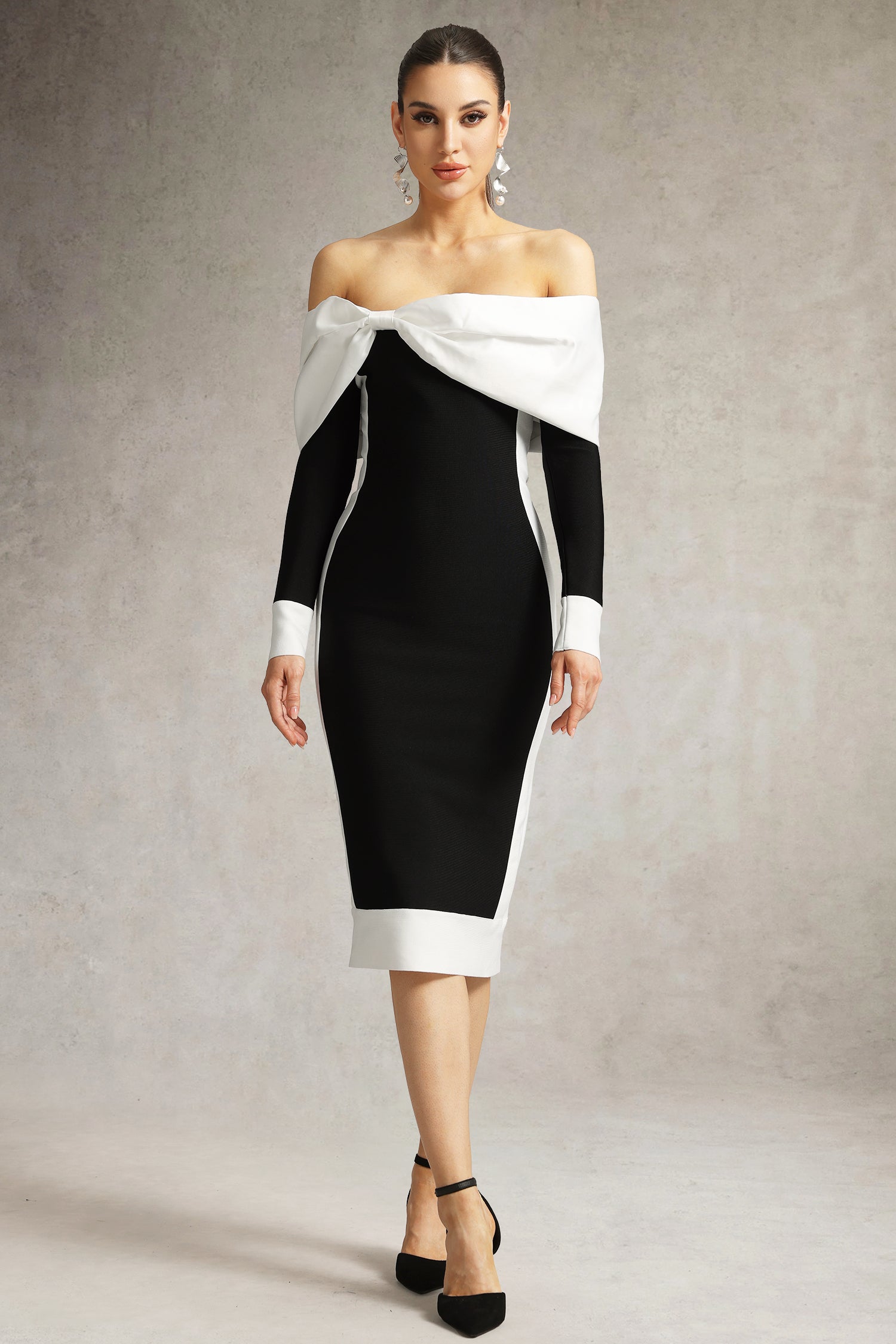 Clarissa Black Off-Shoulder Bow Detail Midi Dress