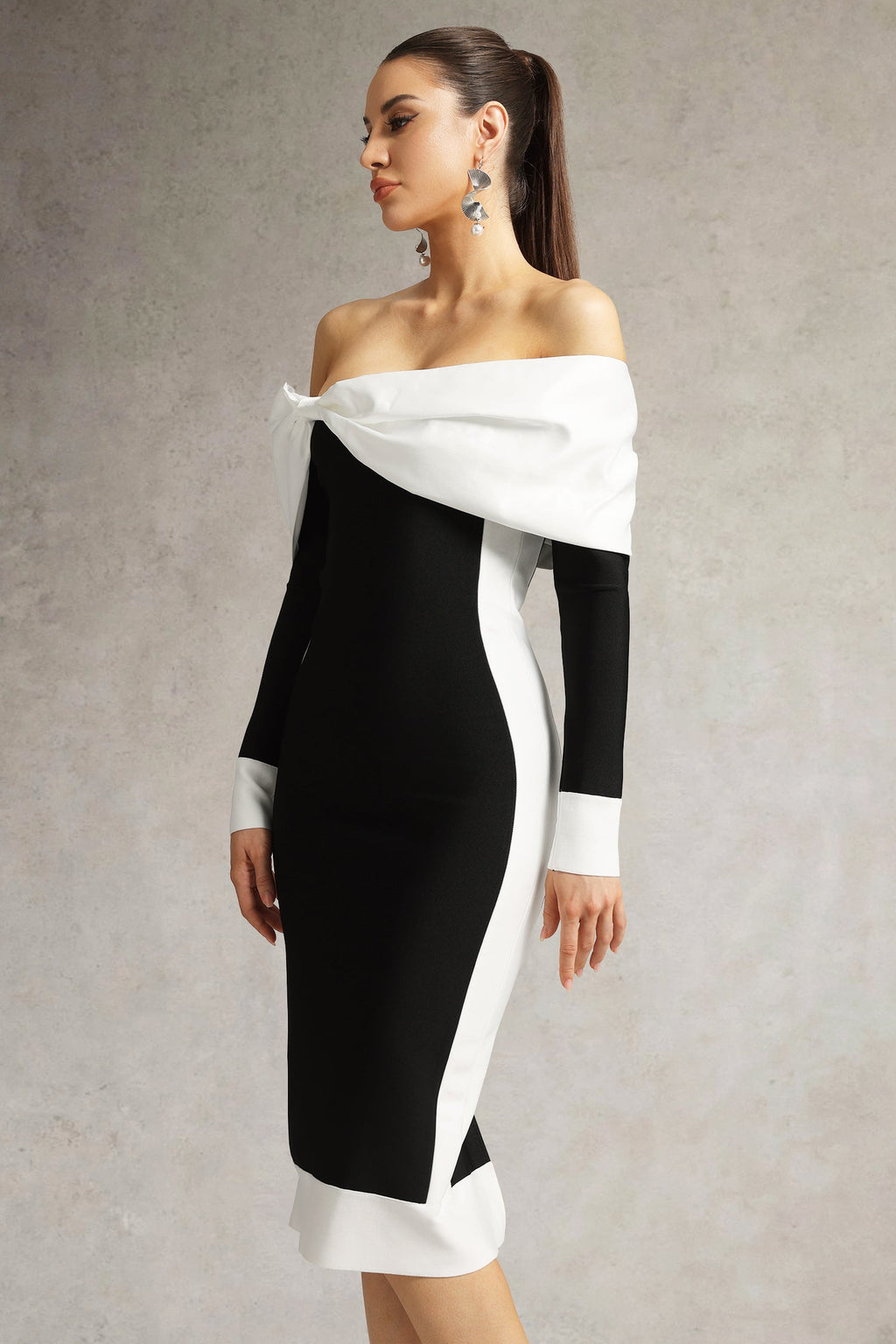 Clarissa Black Off-Shoulder Bow Detail Midi Dress for Women
