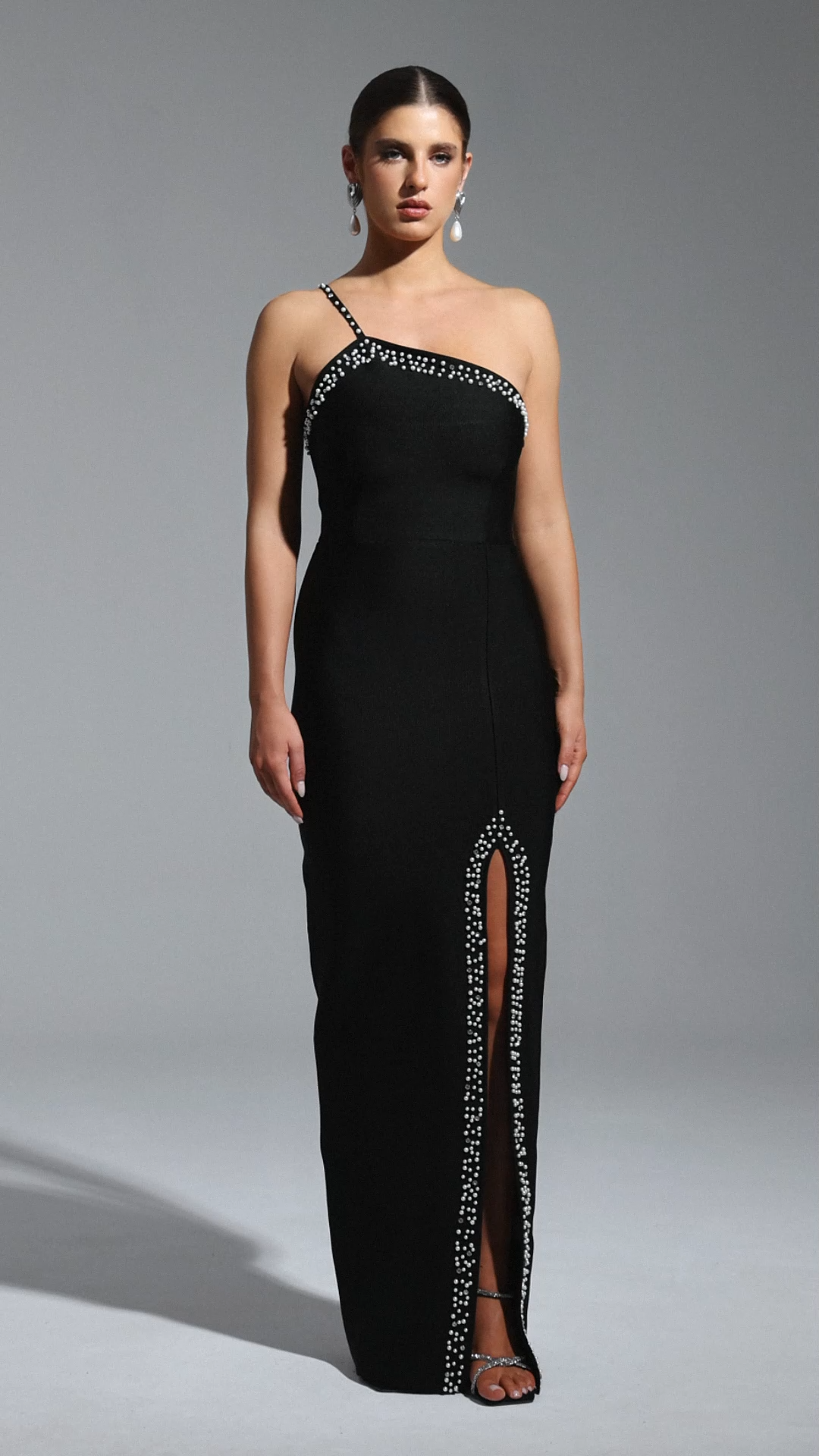 Clarissa Black One-Shoulder Bandage Dress with Pearl Detailing and Slit Design