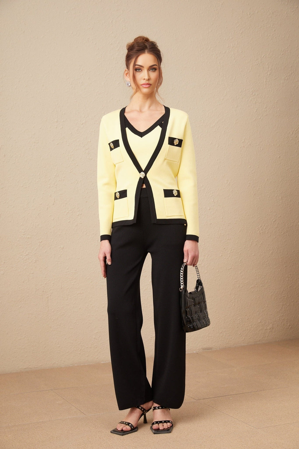 Clarissa Cardigan Vest & Trousers - Knitted V - Neck Set - Floral Color Block Design - Patch Pockets & Wide Straps