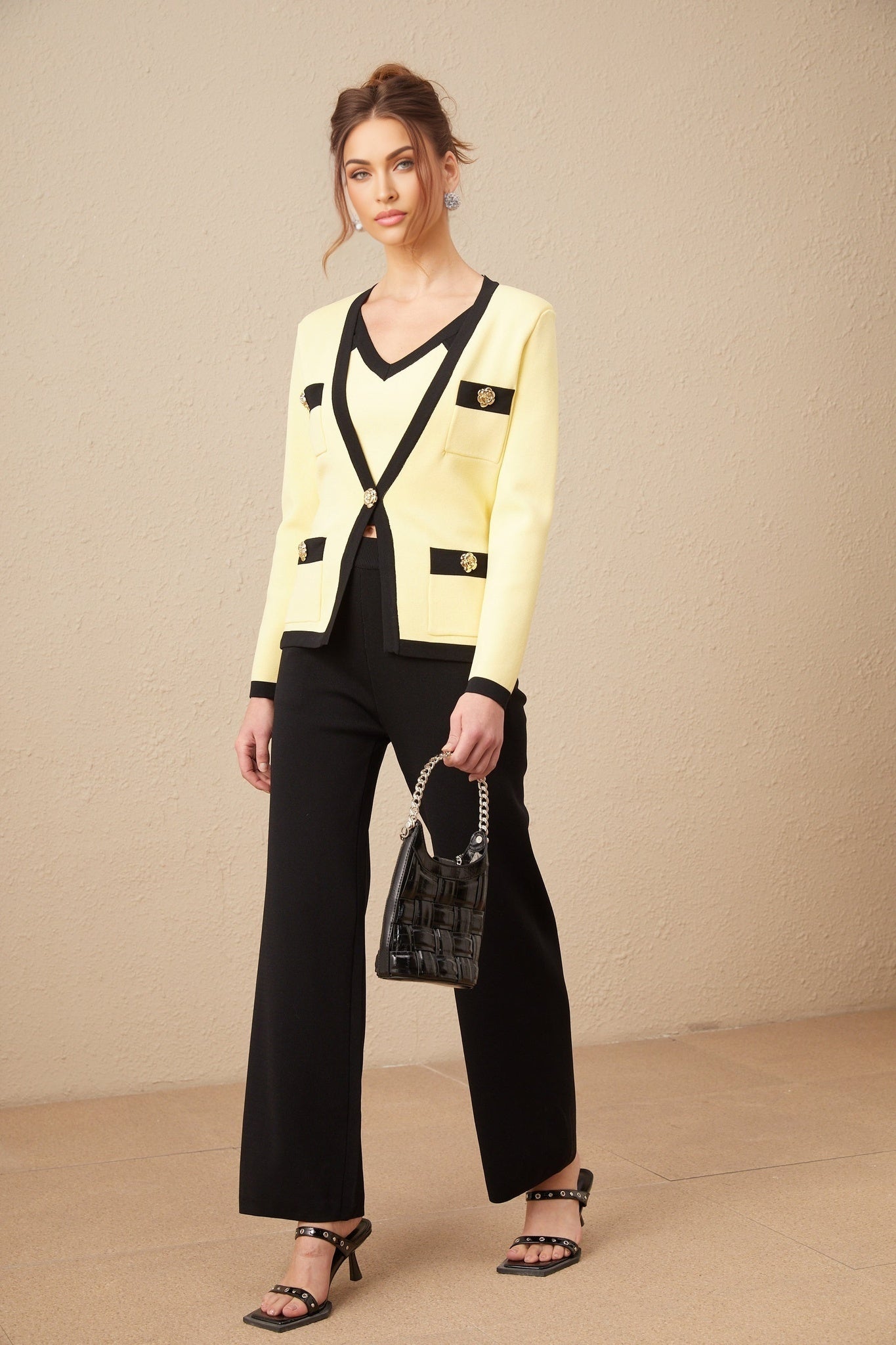Clarissa Cardigan Vest & Trousers - Knitted V - Neck Set - Floral Color Block Design - Patch Pockets & Wide Straps