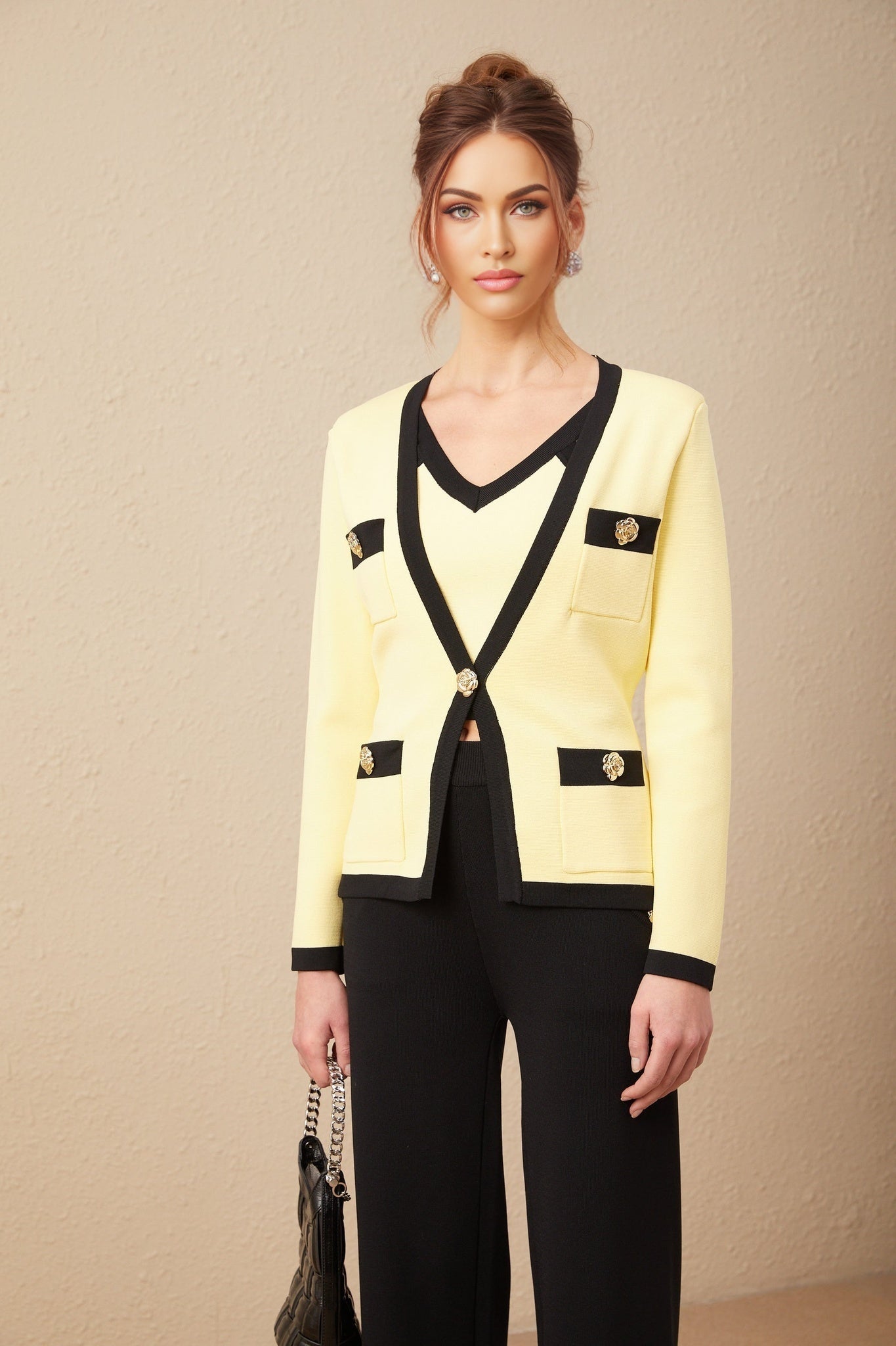 Clarissa Cardigan Vest & Trousers - Knitted V - Neck Set - Floral Color Block Design - Patch Pockets & Wide Straps