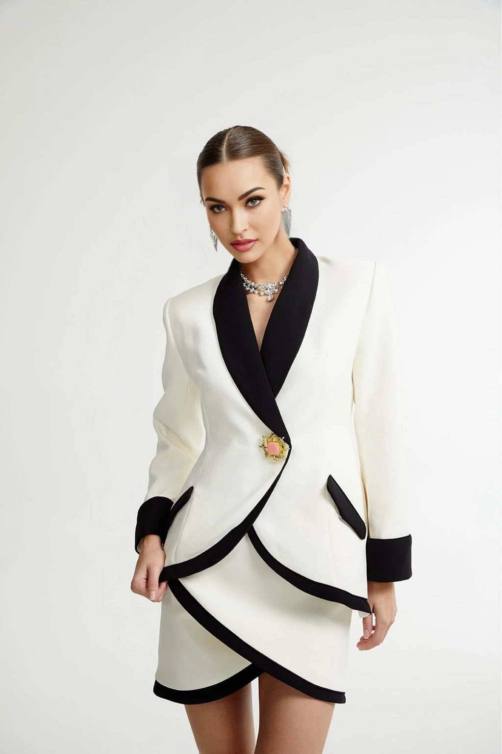 Clarissa Jacket & Skirt - Tonal Lapels - Contrast Colors - Panelled Design - Front Button Detailing