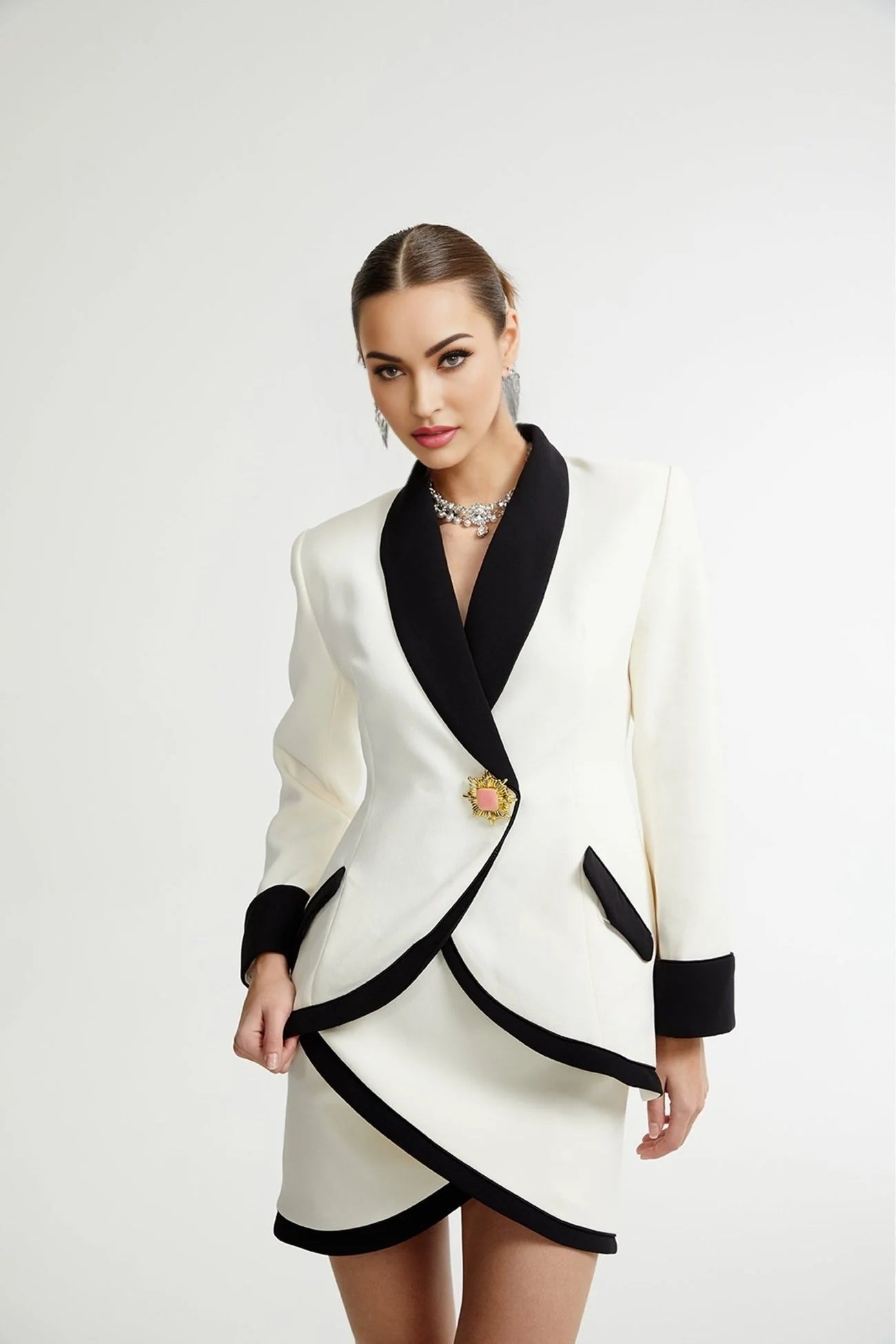 Clarissa Jacket & Skirt - Tonal Lapels - Contrast Colors - Panelled Design - Front Button Detailing