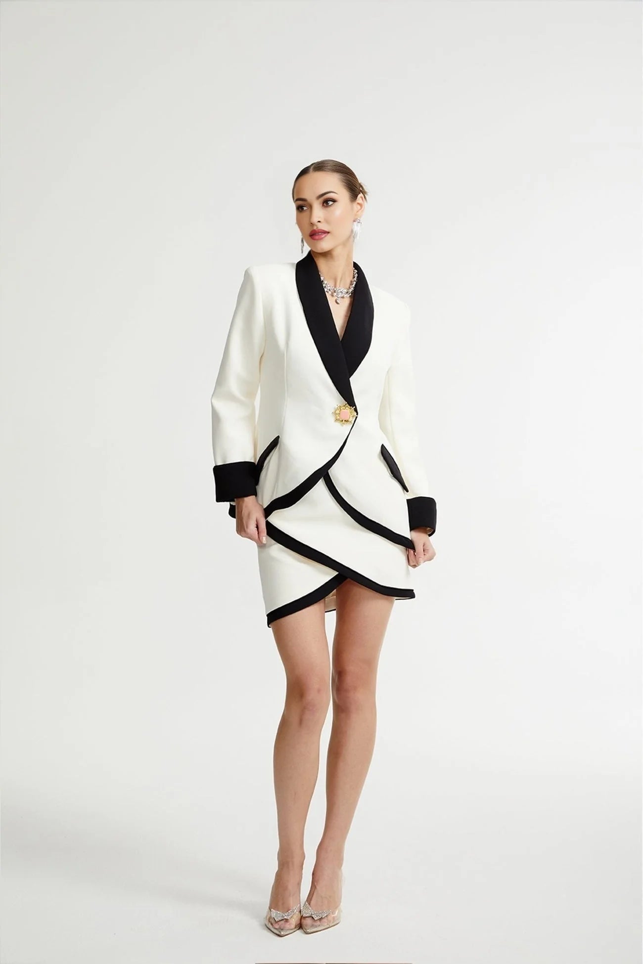 Clarissa Jacket & Skirt - Tonal Lapels - Contrast Colors - Panelled Design - Front Button Detailing