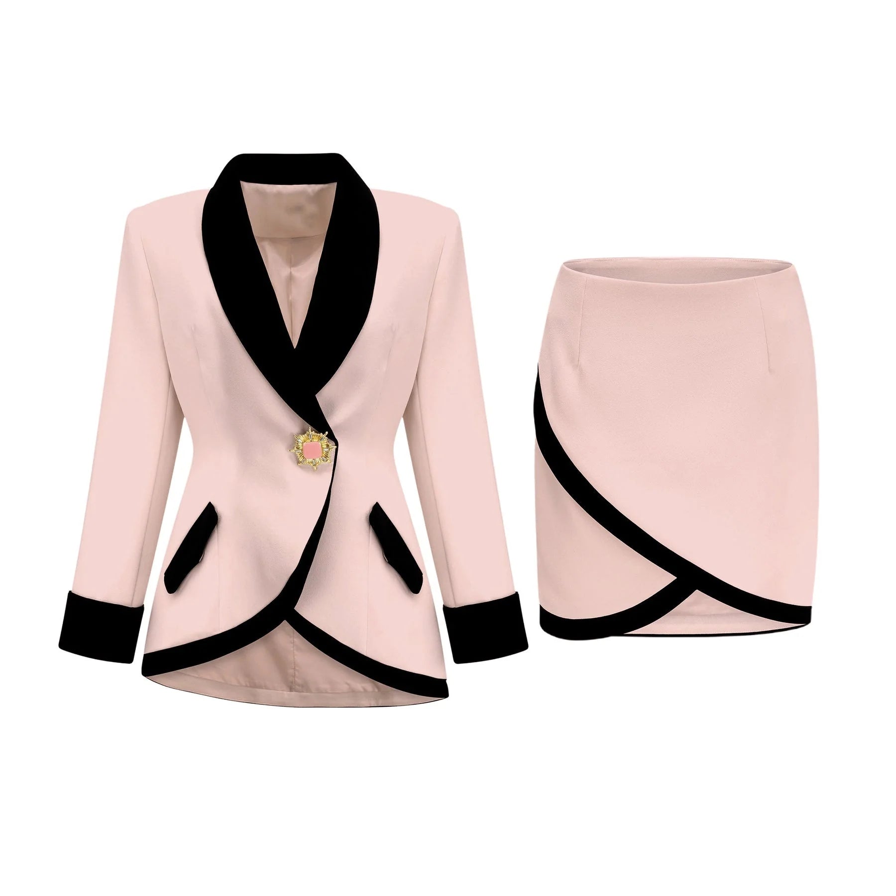 Clarissa Jacket & Skirt - Tonal Lapels - Contrast Colors - Panelled Design - Front Button Detailing
