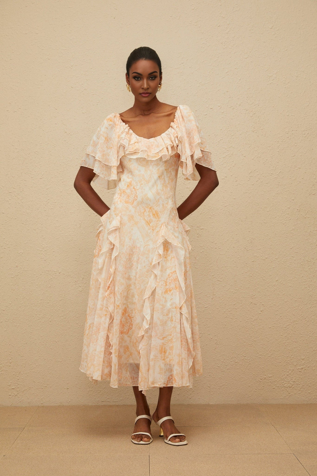 Clarissa Midi Dress - Floral Print - Ruffled Detailing - Flared Skirt - Scoop Neck - Shirred Effect