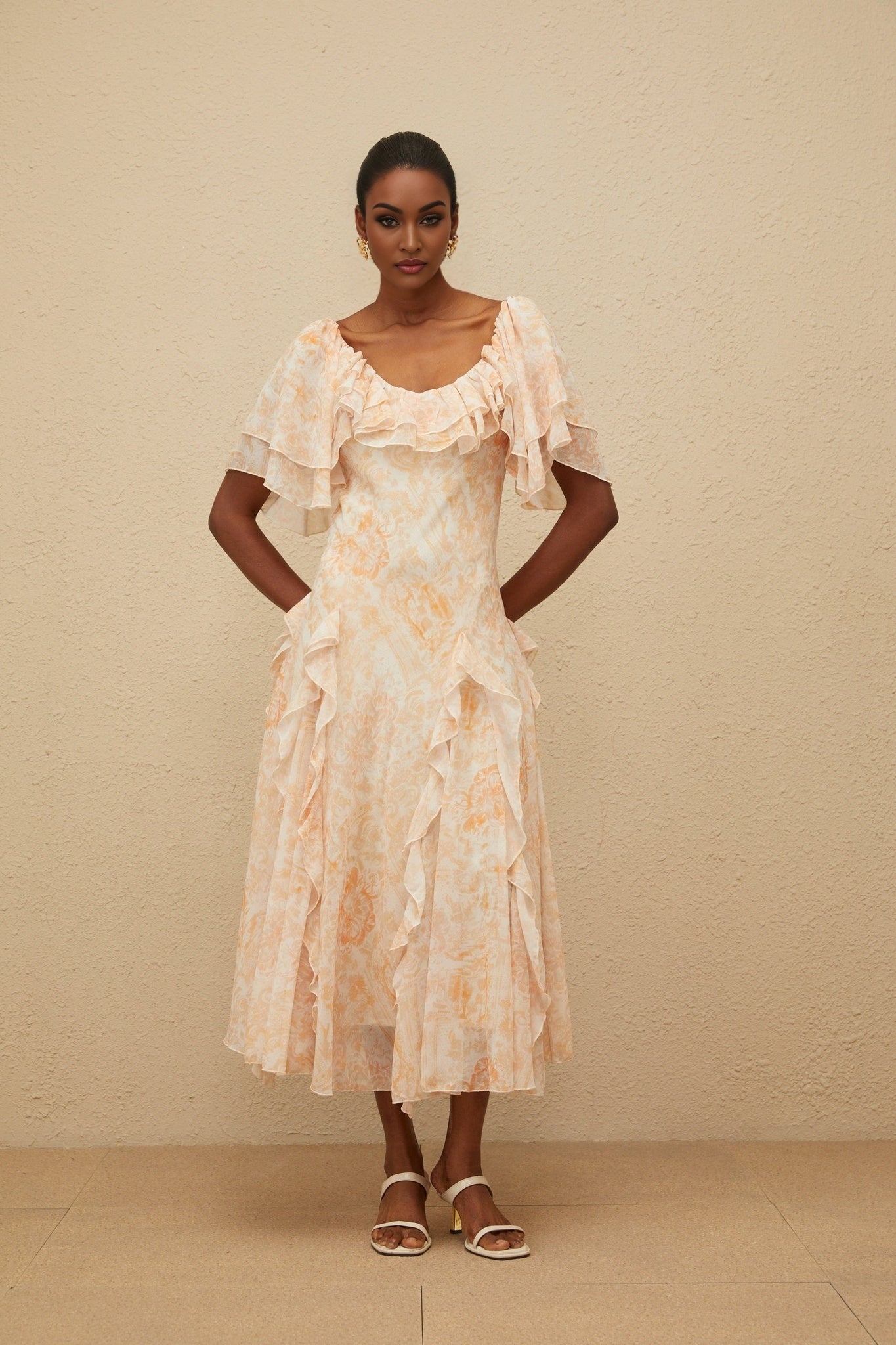 Clarissa Midi Dress - Floral Print - Ruffled Detailing - Flared Skirt - Scoop Neck - Shirred Effect