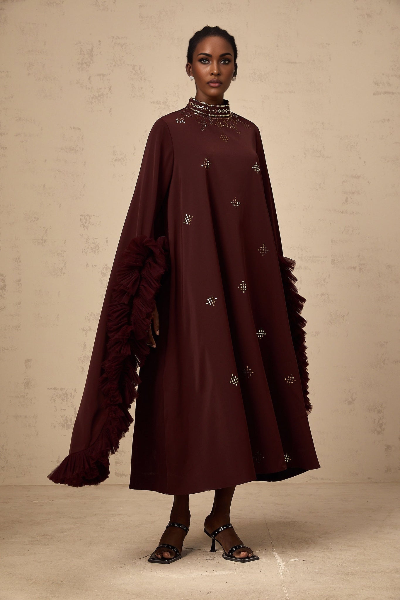 Clarissa Midi Dress - Mock Neck - Flared Sleeves - Ruffled Detailing - Sequin Embellishment - Tulle Panelled