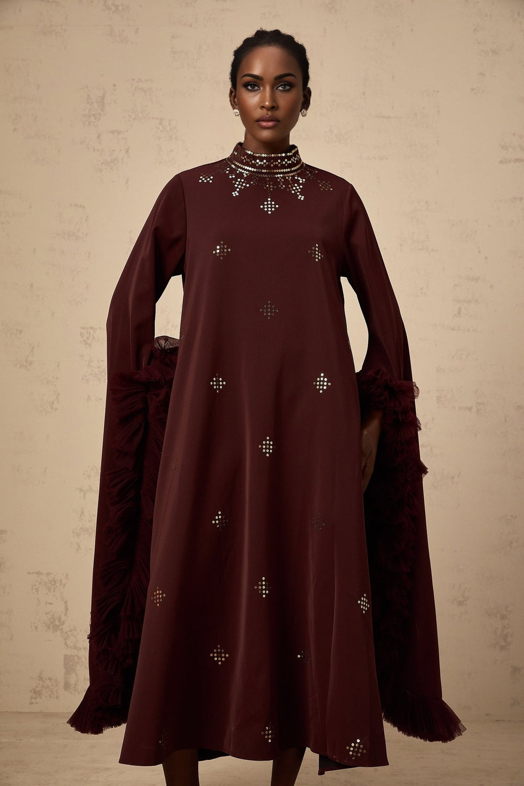 Clarissa Midi Dress - Mock Neck - Flared Sleeves - Ruffled Detailing - Sequin Embellishment - Tulle Panelled