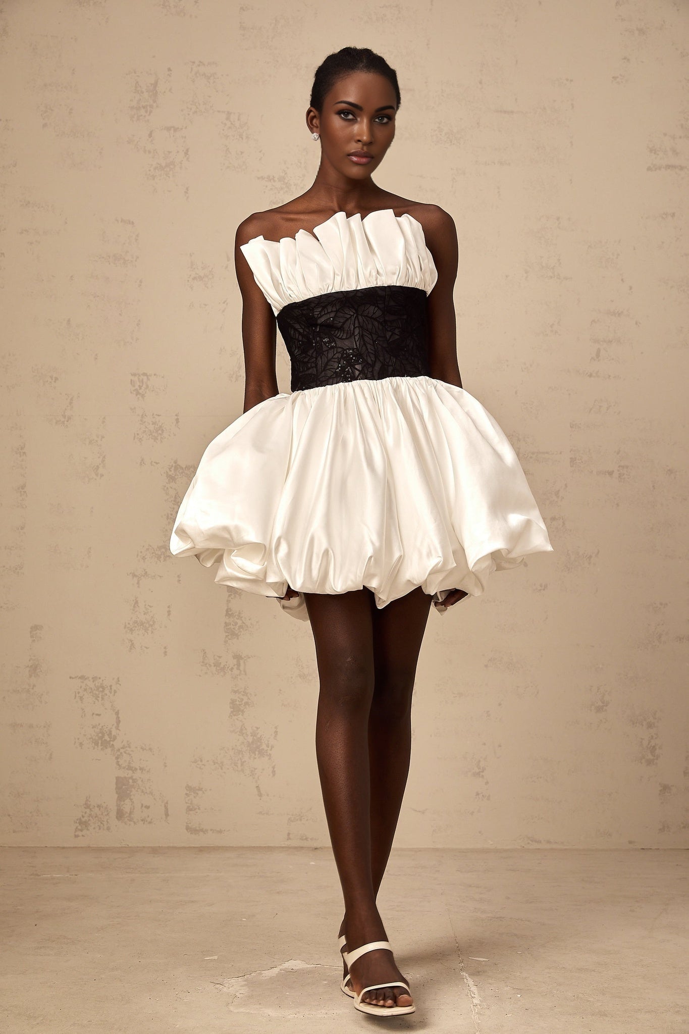 Clarissa Mini Dress - Off - the - Shoulder Style - Satin Finish - Lace Paneling - Ruffled Detailing