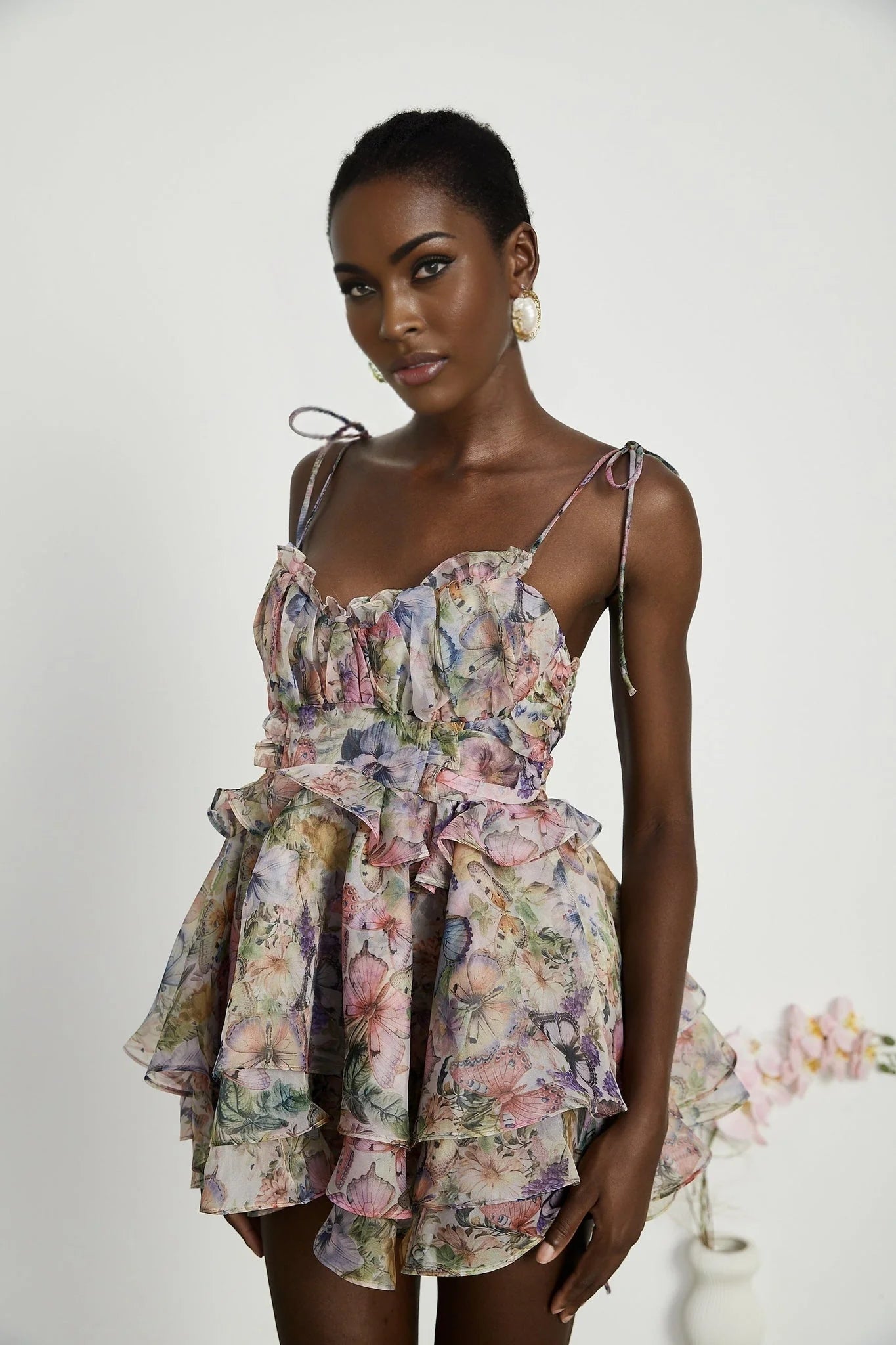 Clarissa Mini Dress - Sleeveless - Floral Print - Bustier Style - High Waist - Tiered Design