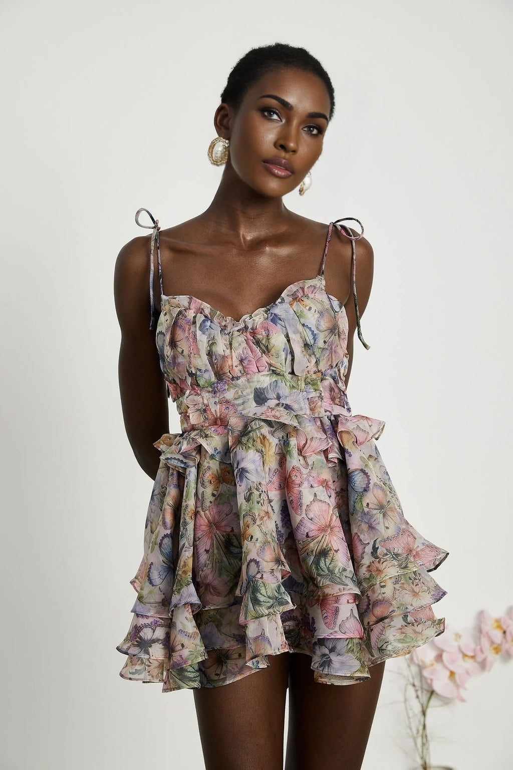 Clarissa Mini Dress - Sleeveless - Floral Print - Bustier Style - High Waist - Tiered Design
