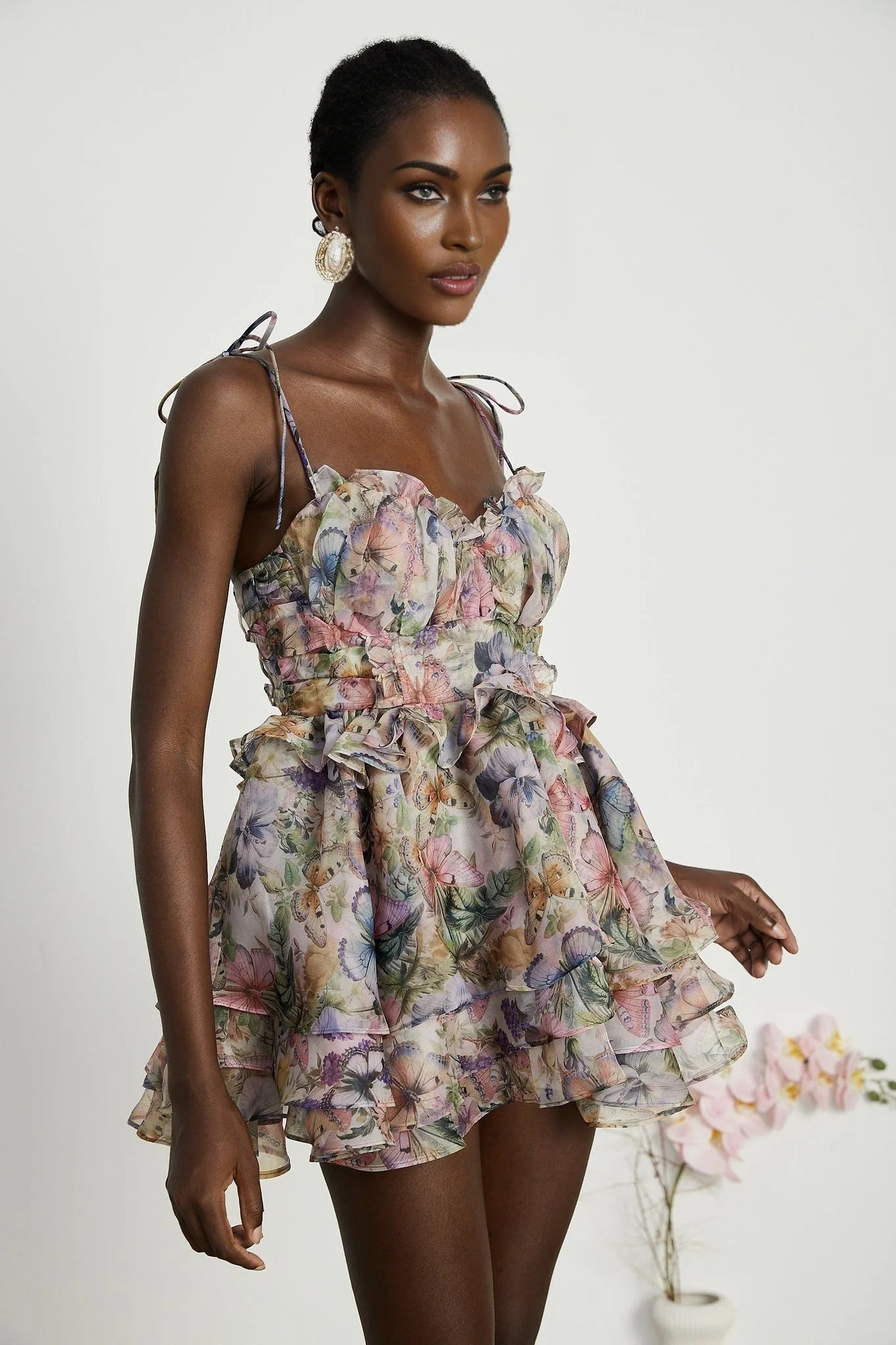Clarissa Mini Dress - Sleeveless - Floral Print - Bustier Style - High Waist - Tiered Design