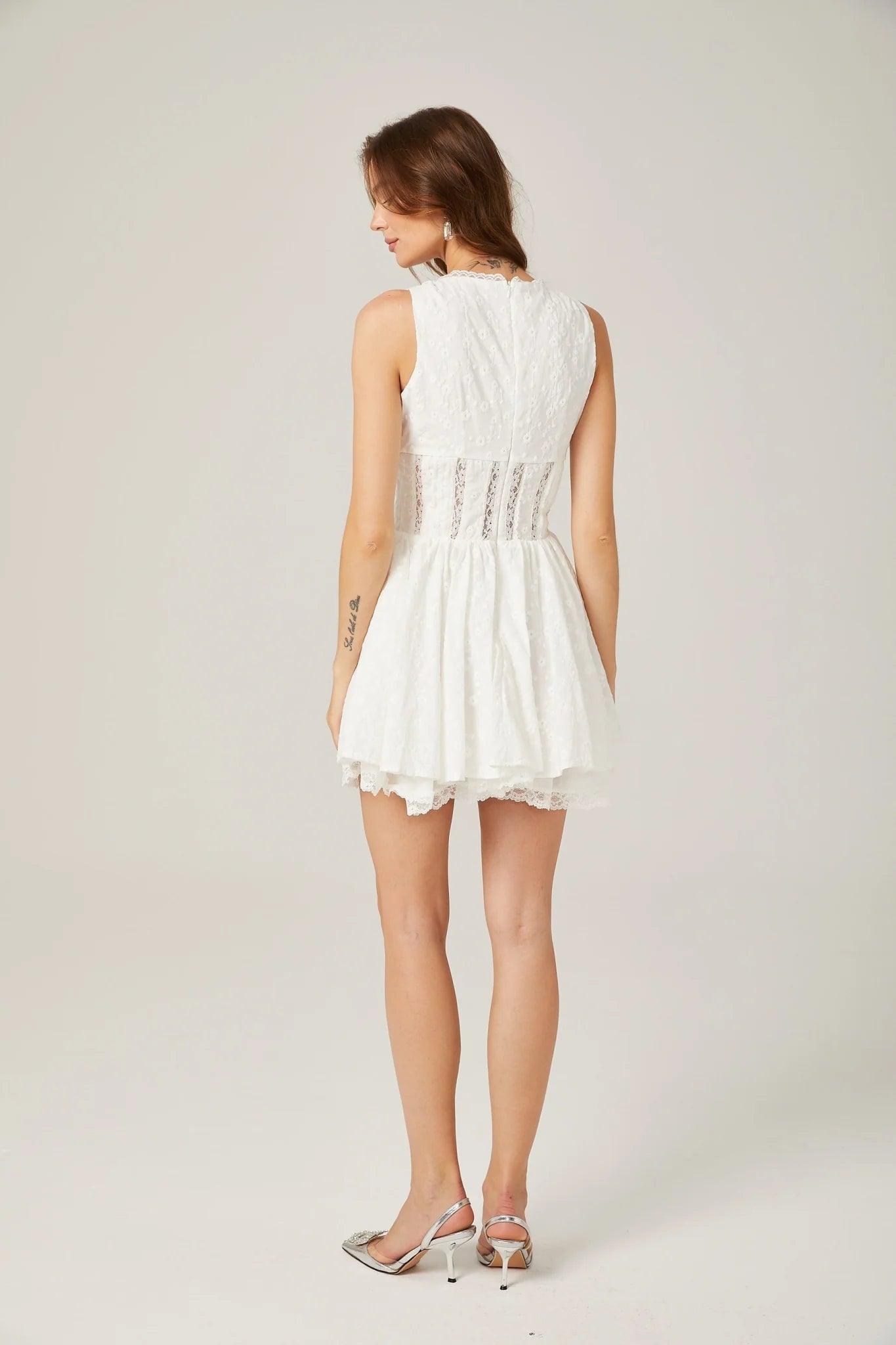 Clarissa Mini Dress - Sleeveless V Neck - Floral Embroidered Lace - Scalloped Trims - Front Hook and Eye - Rear Zip Fastening