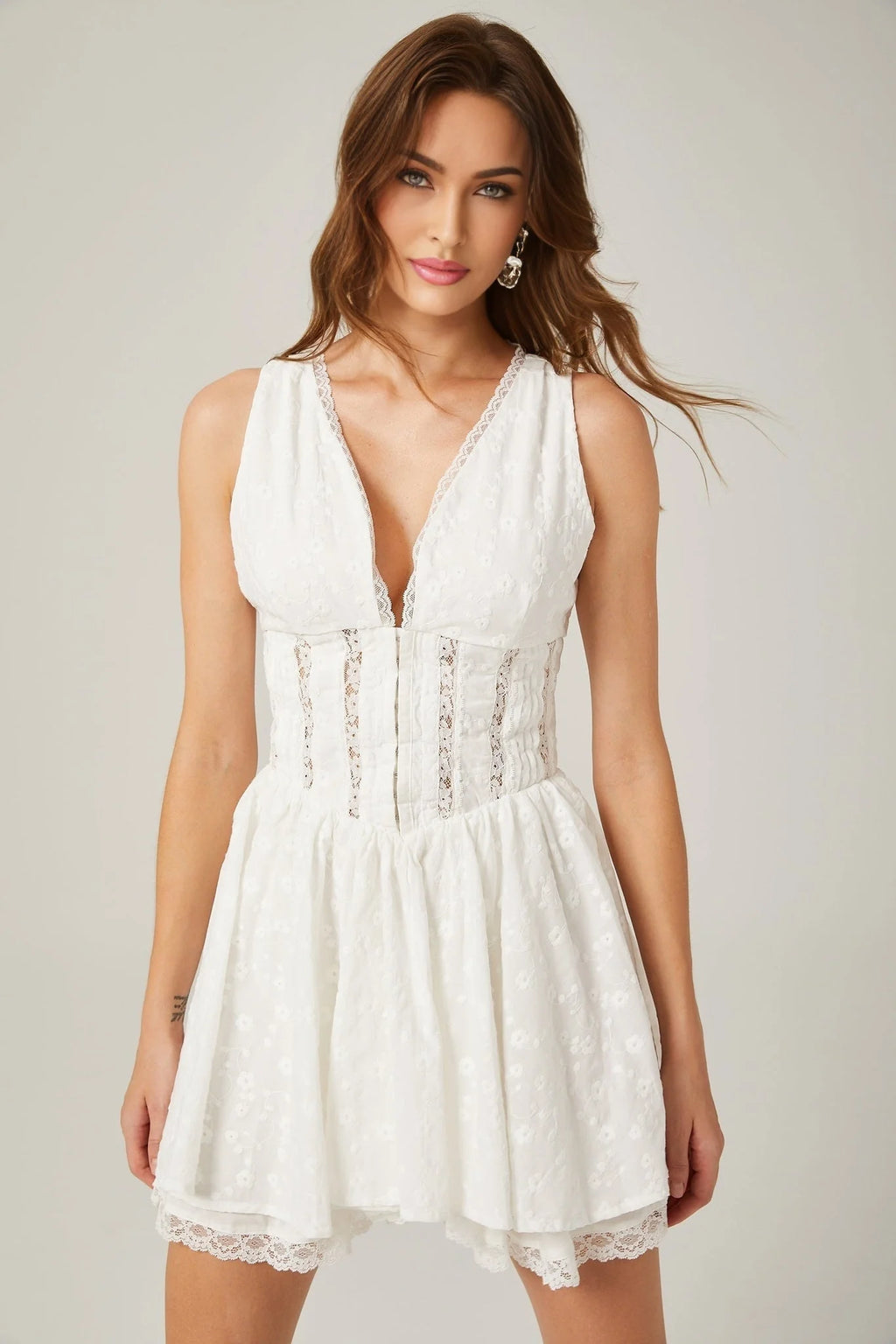 Clarissa Mini Dress - Sleeveless V Neck - Floral Embroidered Lace - Scalloped Trims - Front Hook and Eye - Rear Zip Fastening