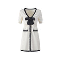 Clarissa Mini Dress - V Neckline - Short Sleeves - Bowknot Detailing - Knitted Construction