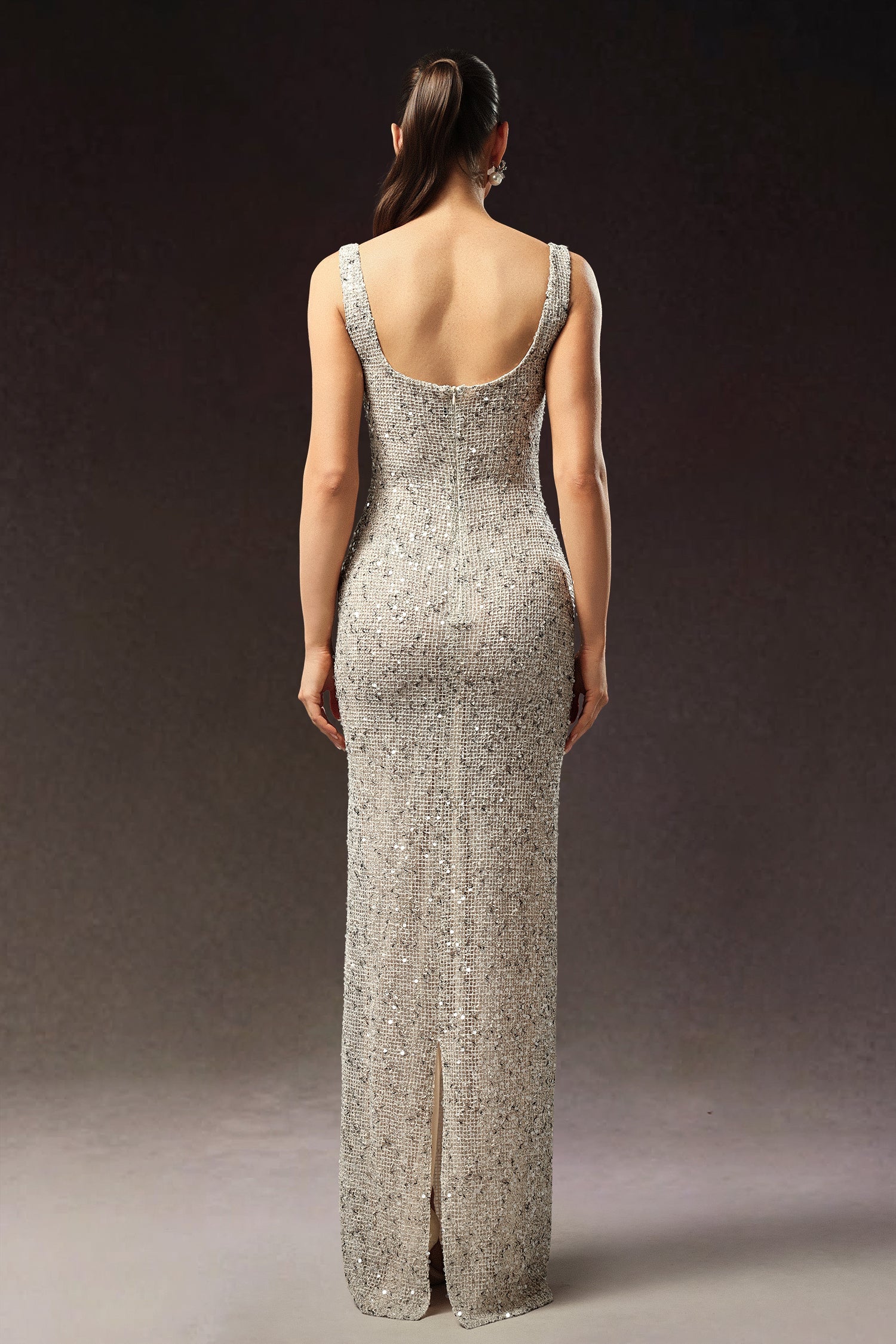 Clarissa Silver Sequin Fish Tail Dress for Evening Events Gala Formal Dinner Icon