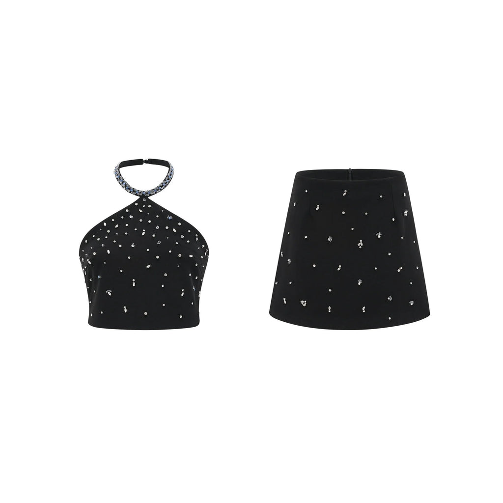 Clarissa Skirt & Top Set - Halterneck Top - Crystal Embellishment - Rear Zip Fastening - Cropped Design